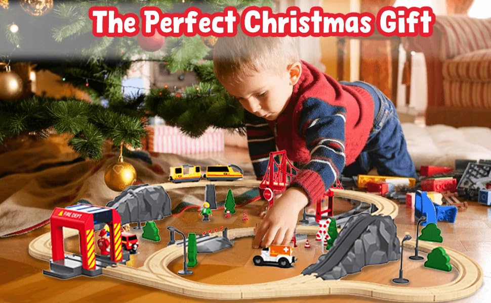 Giant Bean 72PCS Fire Station Wooden Train Set – Battery Locomotive Included, Gift Packed for Kids 3+