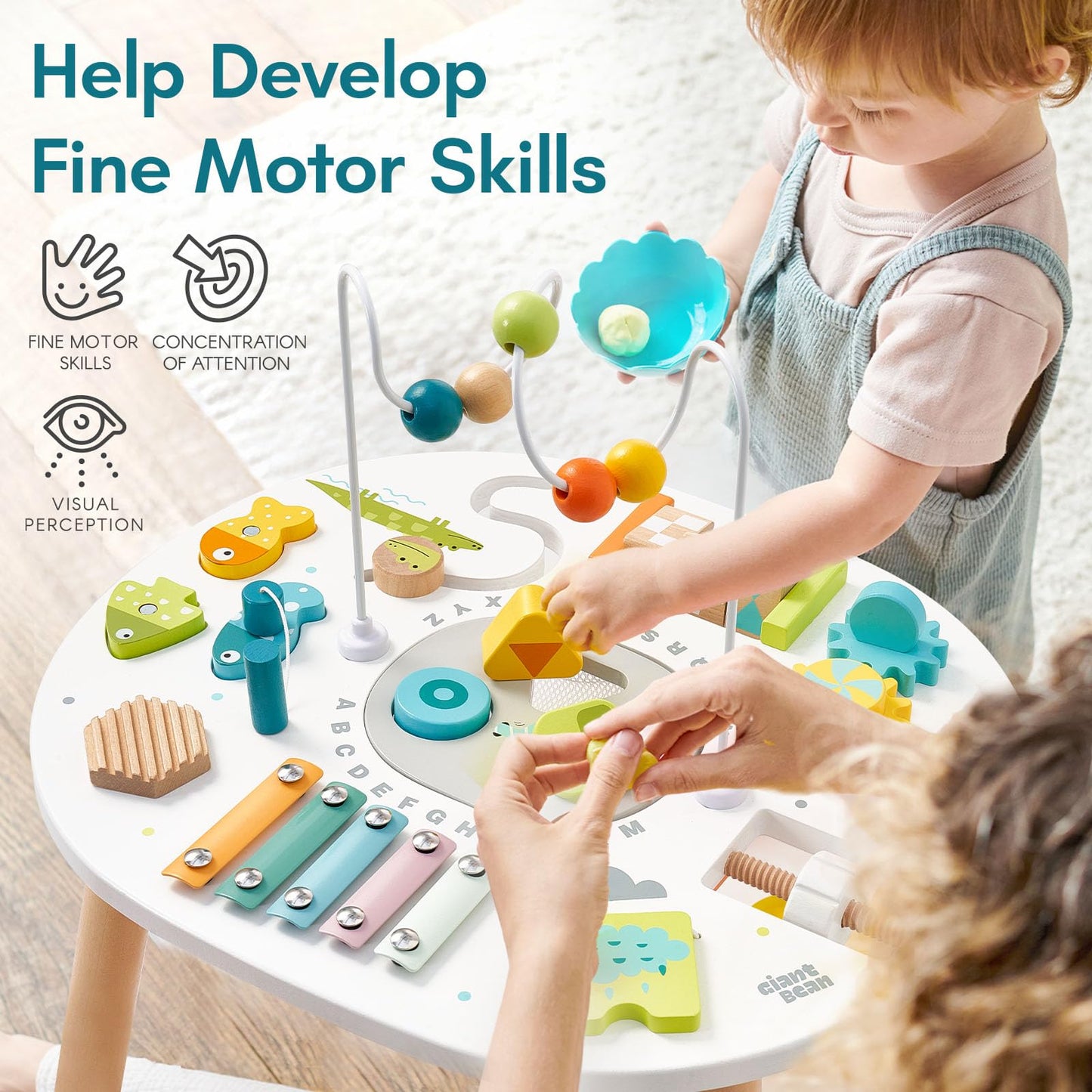 Giant Bean Wooden Activity Table – 11-in-1 Montessori Toy for Toddlers