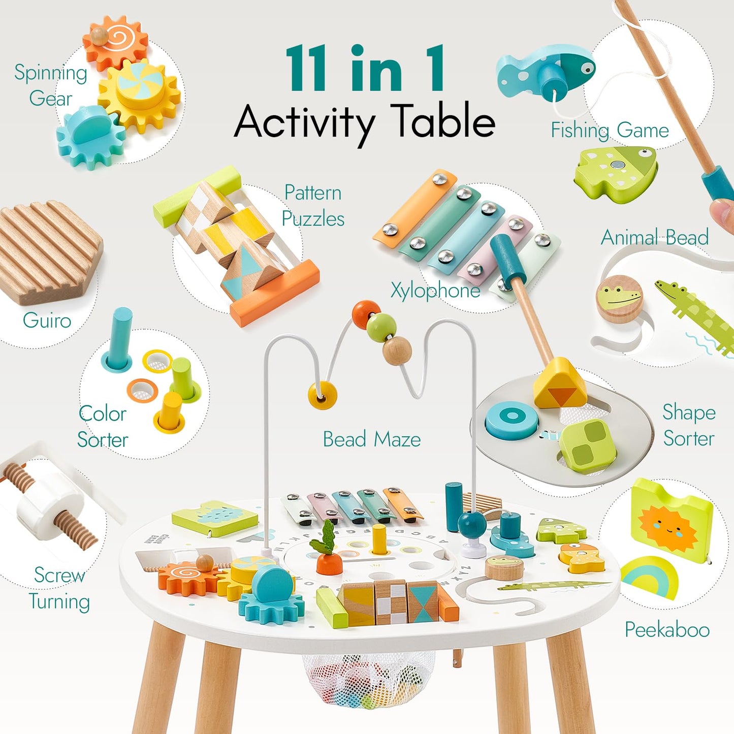 Giant Bean Wooden Activity Table – 11-in-1 Montessori Toy for Toddlers