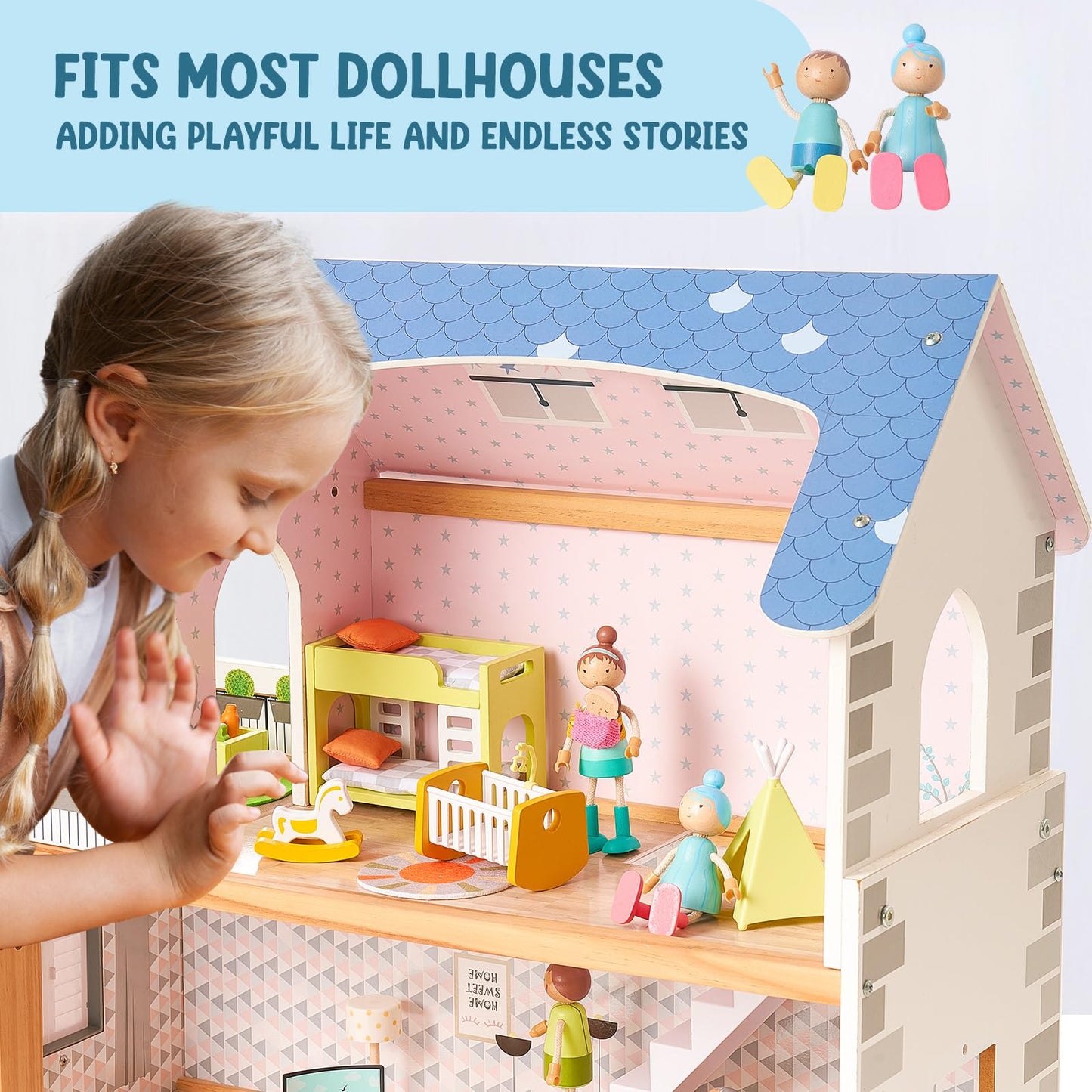 Giant bean Wooden Family Dolls Set of 7 – Poseable Dollhouse Figures for Imaginative Play