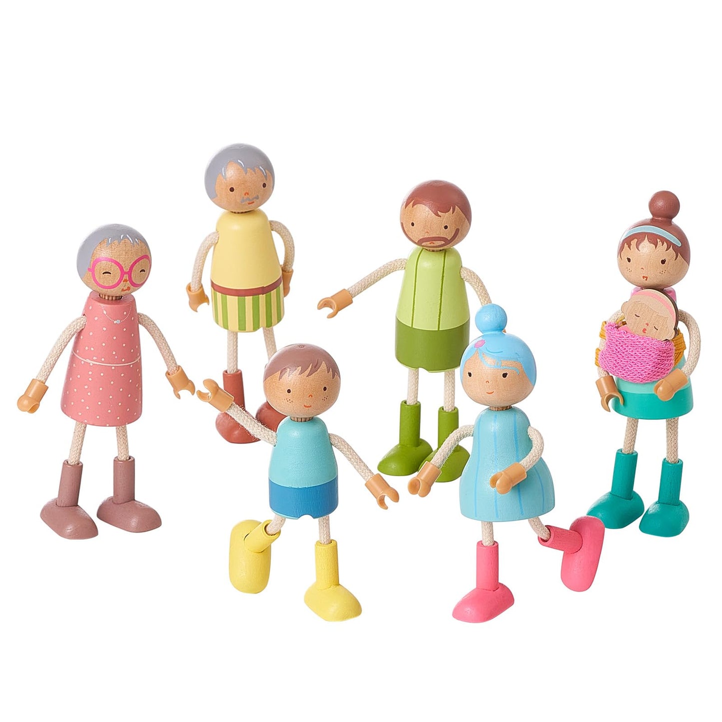 Giant bean Wooden Family Dolls Set of 7 – Poseable Dollhouse Figures for Imaginative Play