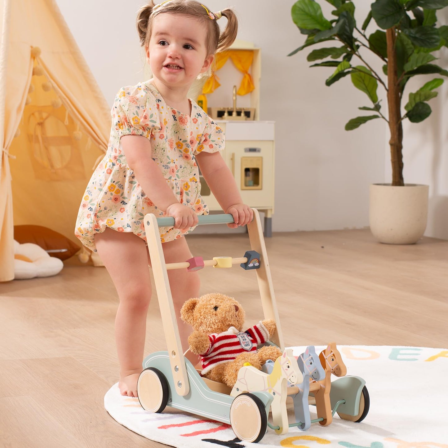 Giant bean Wooden Baby Push Walker – Galloping Ponies, Adjustable Speed & Height (Ages 1-3)
