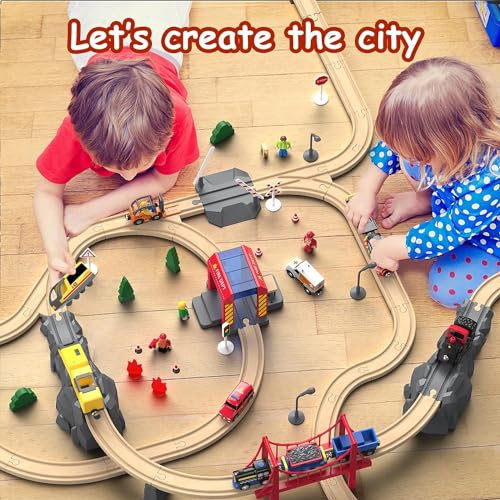 Giant Bean 72PCS Fire Station Wooden Train Set – Battery Locomotive Included, Gift Packed for Kids 3+
