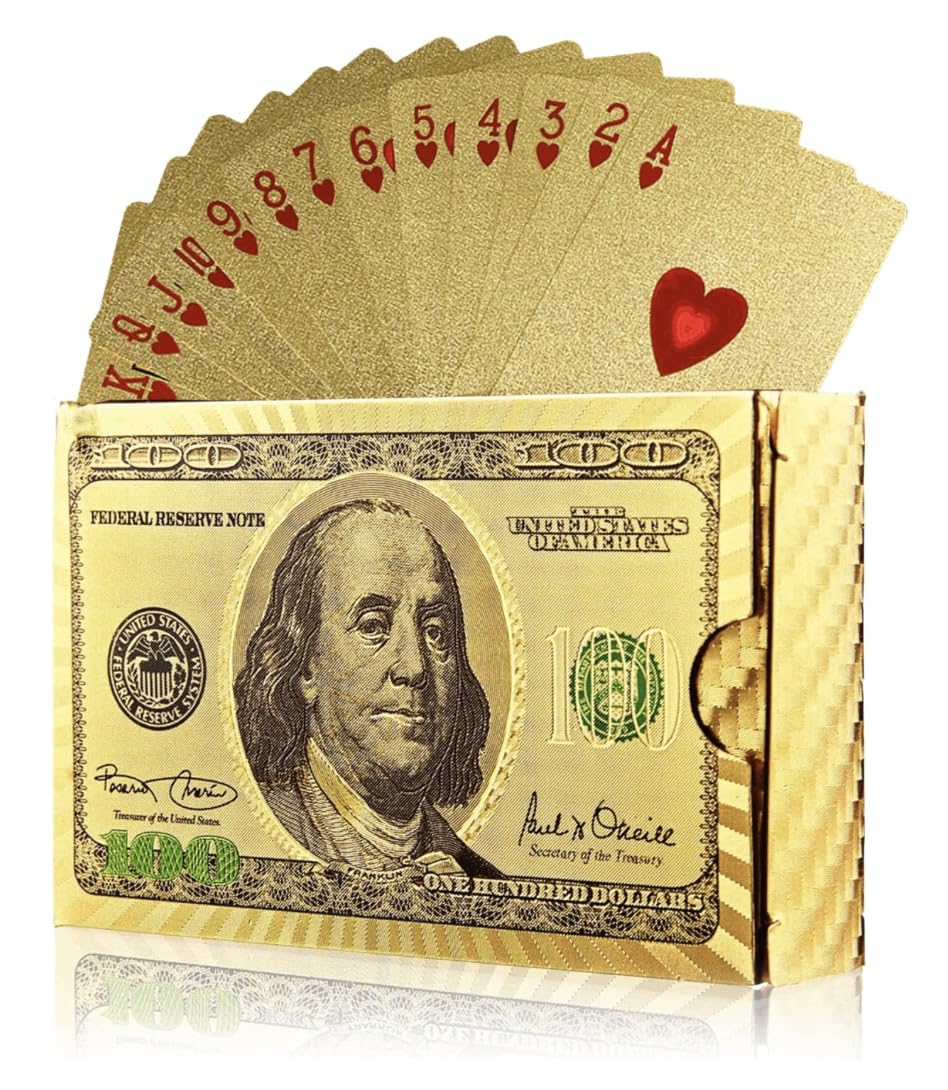 GIANT PANDA TRADING Gold Diamond Playing Cards — Waterproof PVC Deck for Poker, Magic & Parties | 100 Bill Theme