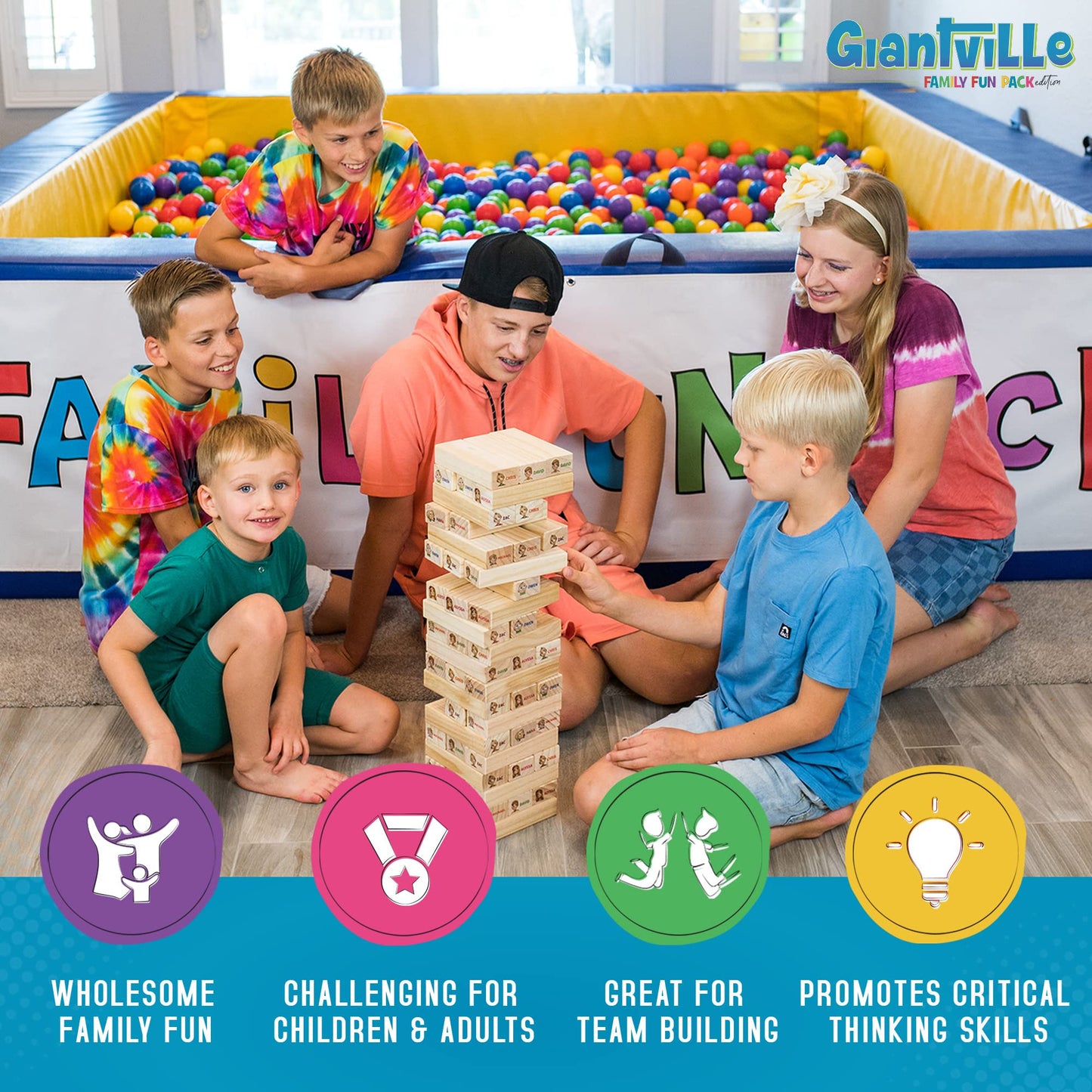 Giantville Giant Tumbling Timber Toy – 54 Premium Pine Blocks, Indoor/Outdoor Yard Game