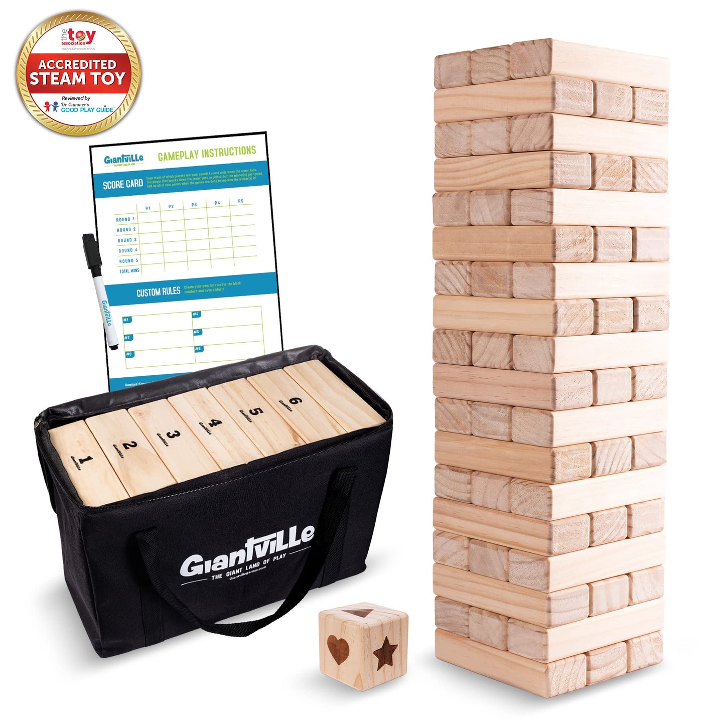 Giantville Giant Tumbling Timber Toy — Premium Pine Wood Tower Game, 54 Pieces + Dice + Carry Bag, Grows to Almost 4 Feet (2025 Version)