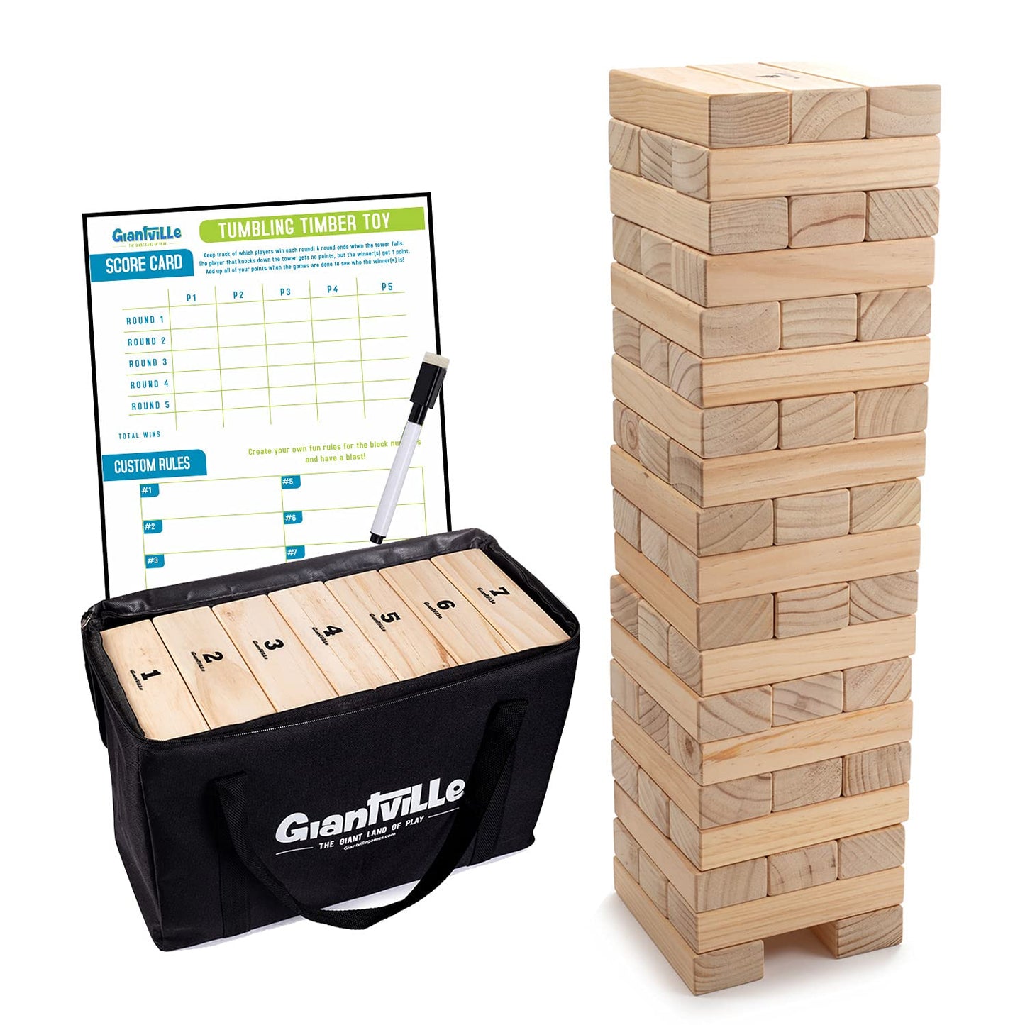 Giantville Giant Tumbling Timber Toy – Premium Pine Blocks, 56-Piece Tower with Carry Bag