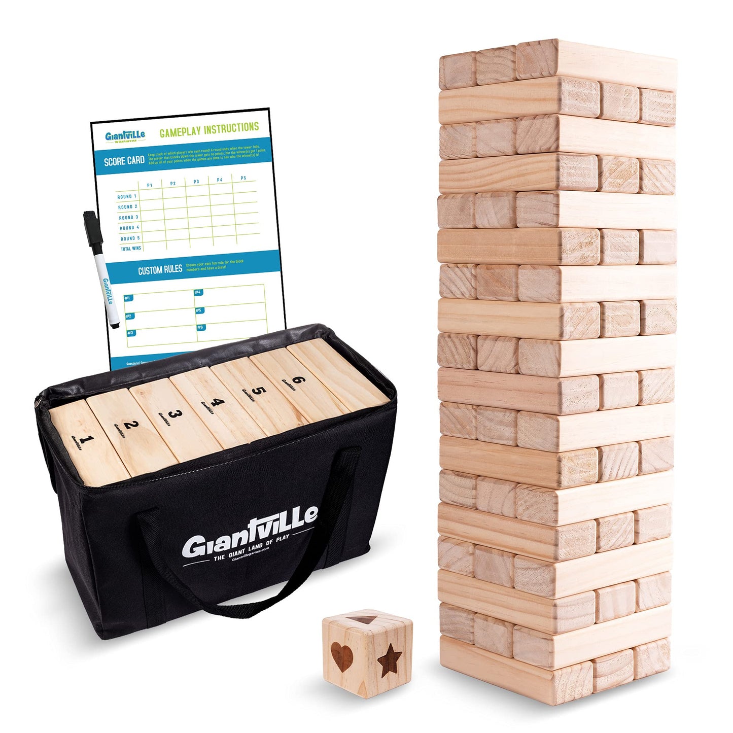 Giantville Giant Tumbling Timber Toy — Premium Pine Wood Tower Game, 54 Pieces + Dice + Carry Bag, Grows to Almost 4 Feet (2025 Version)