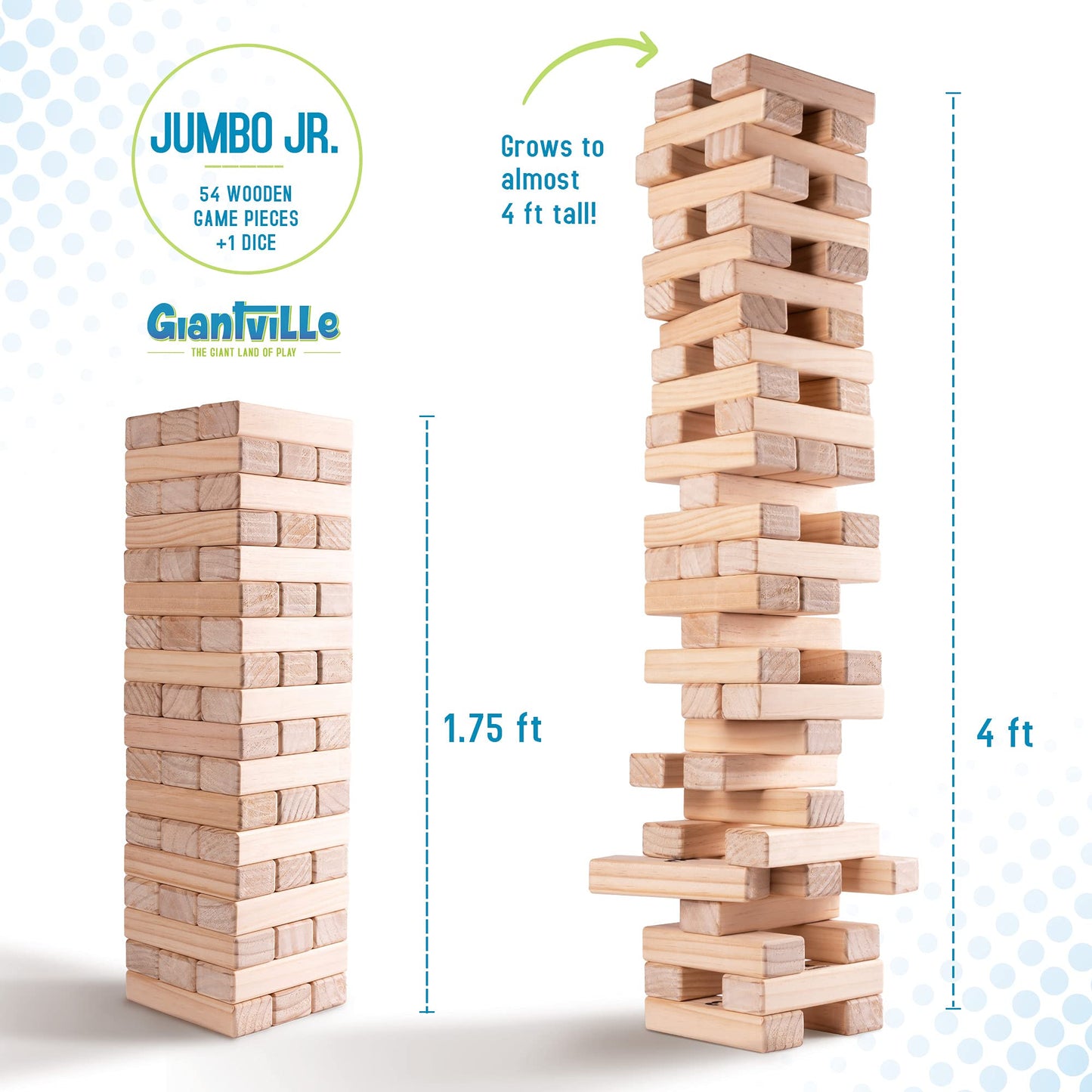 Giantville Giant Tumbling Timber Toy — Premium Pine Wood Tower Game, 54 Pieces + Dice + Carry Bag, Grows to Almost 4 Feet (2025 Version)