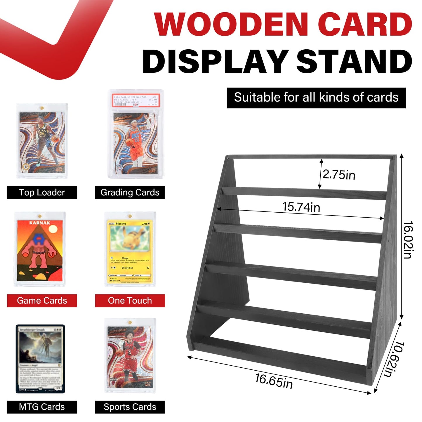 GIASSVIO 5-Tier Graded Trading Card Display Case - Wood Stand for PSA/CSG/BGS Cards (Black)