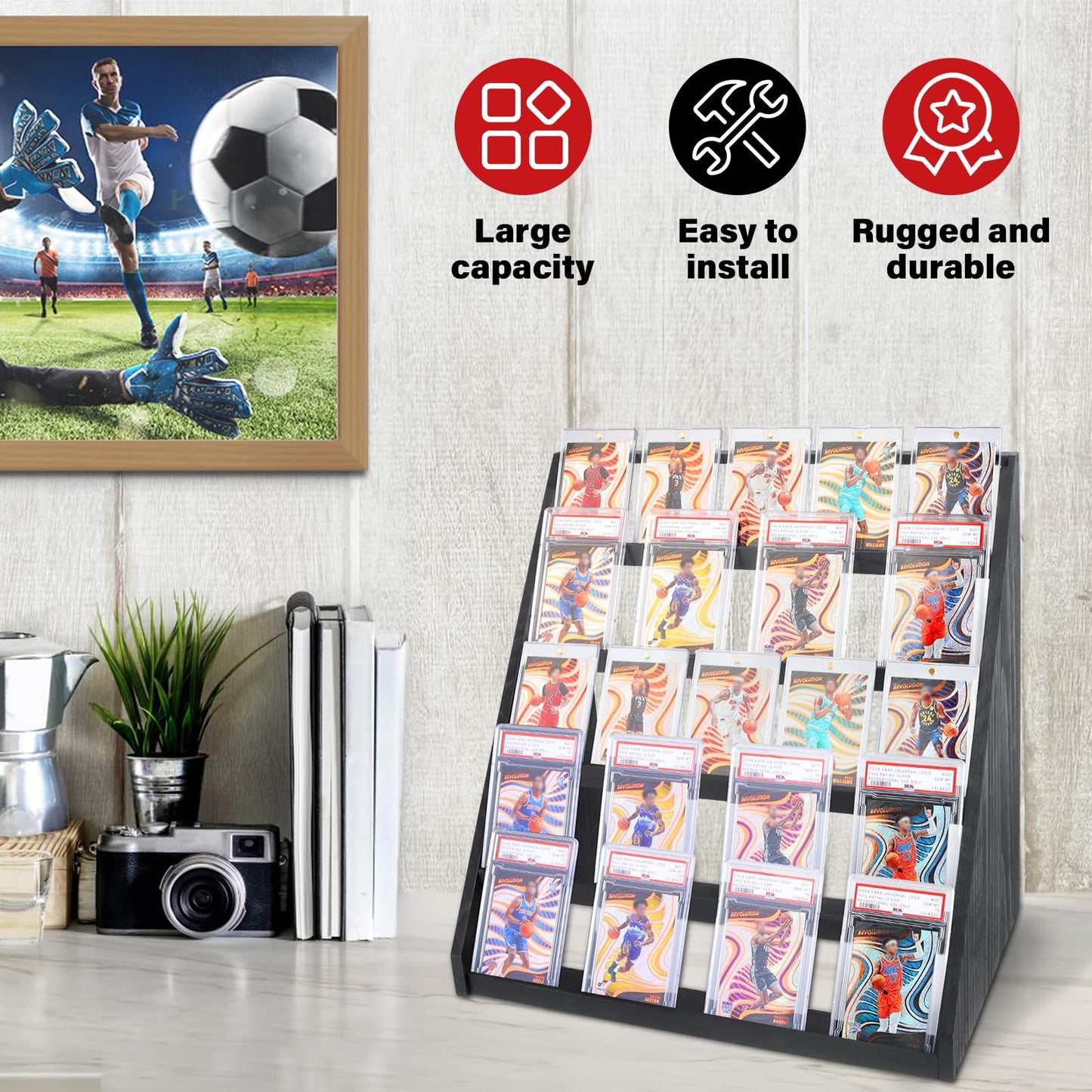 GIASSVIO 5-Tier Graded Trading Card Display Case - Wood Stand for PSA/CSG/BGS Cards (Black)