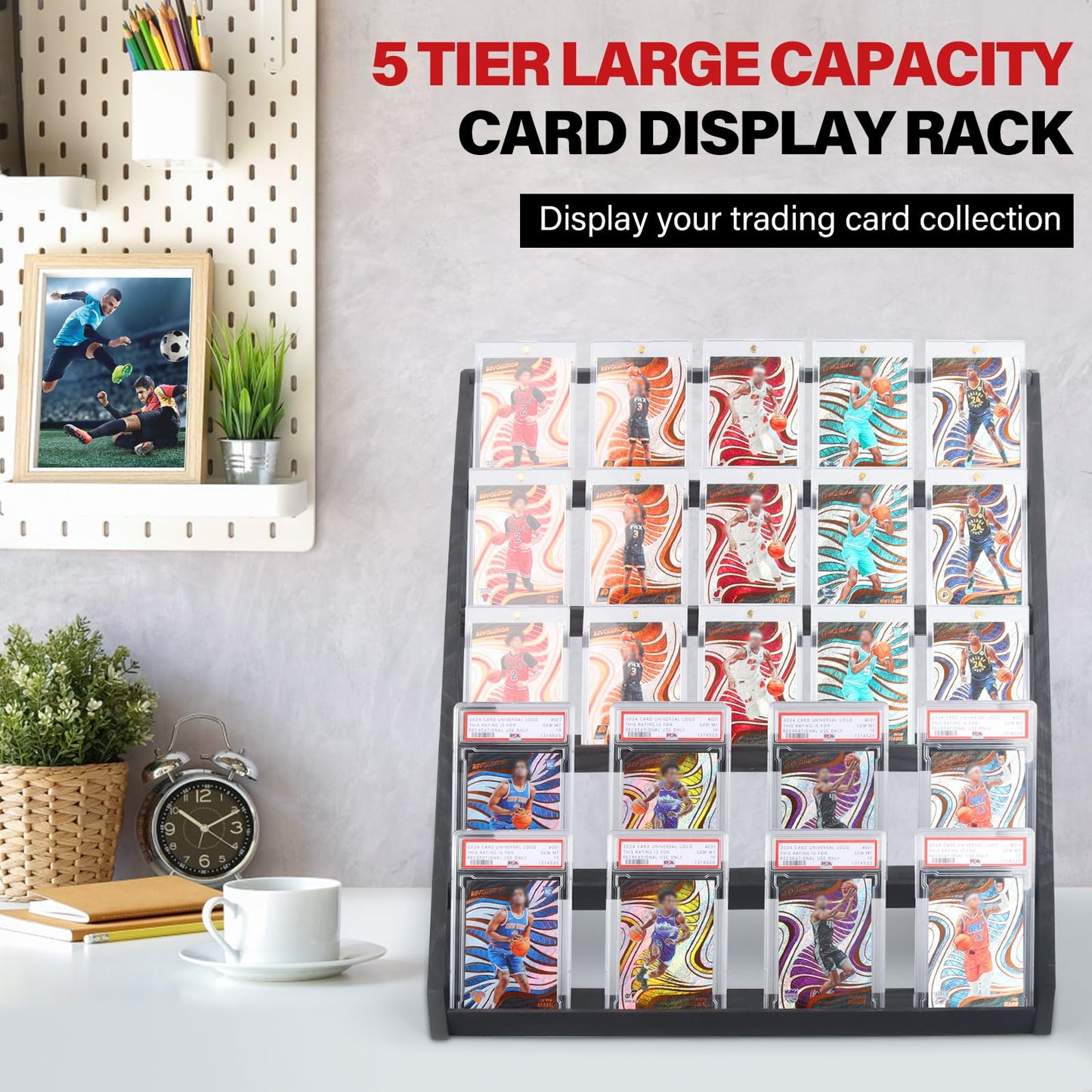 GIASSVIO 5-Tier Graded Trading Card Display Case - Wood Stand for PSA/CSG/BGS Cards (Black)