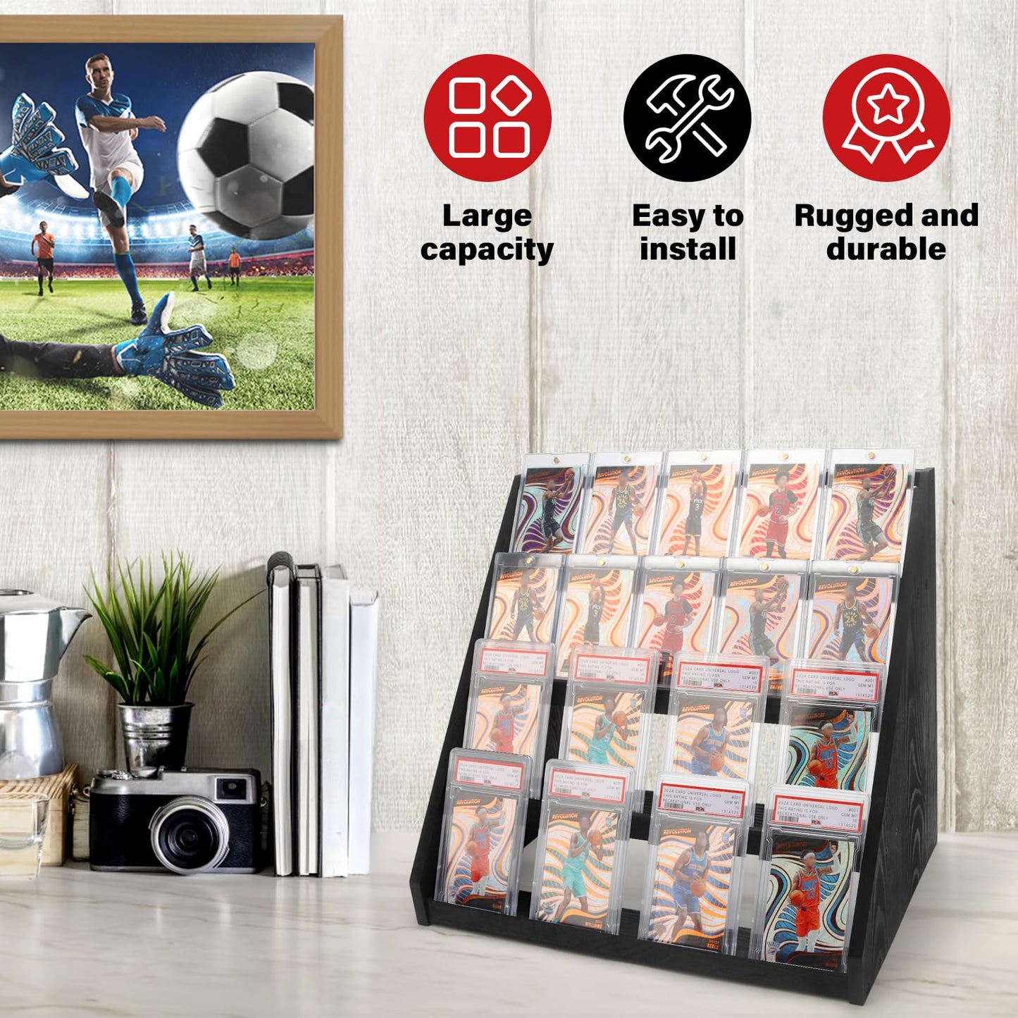 GIASSVIO 4-Tier Wood Trading Card Display Case – Black for PSA/CSG/BGS