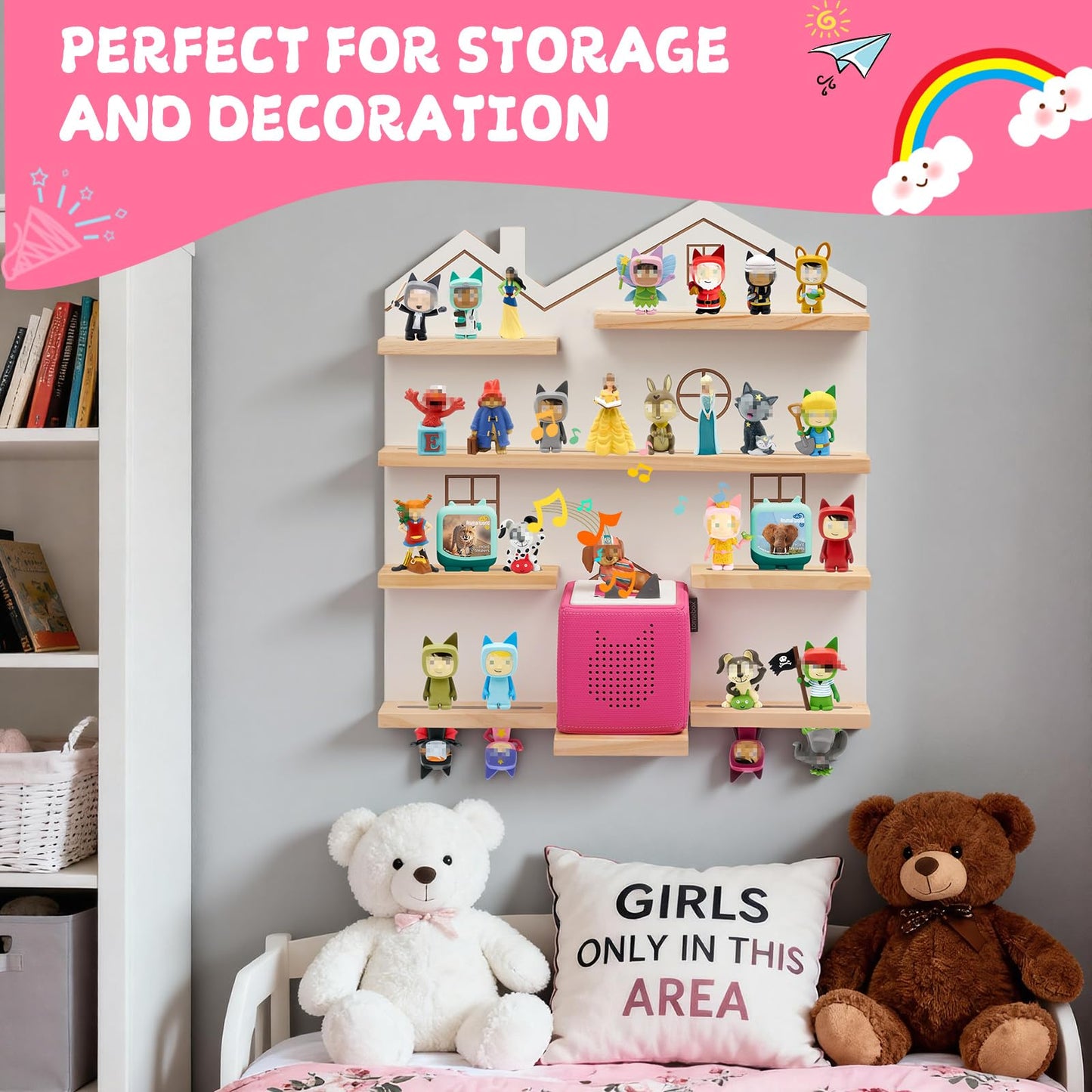 Gieanoo Large Tonie Shelf for Toniebox – Wall-Mmounted Pine Shelf for Toniebox 1 & 2 (White)