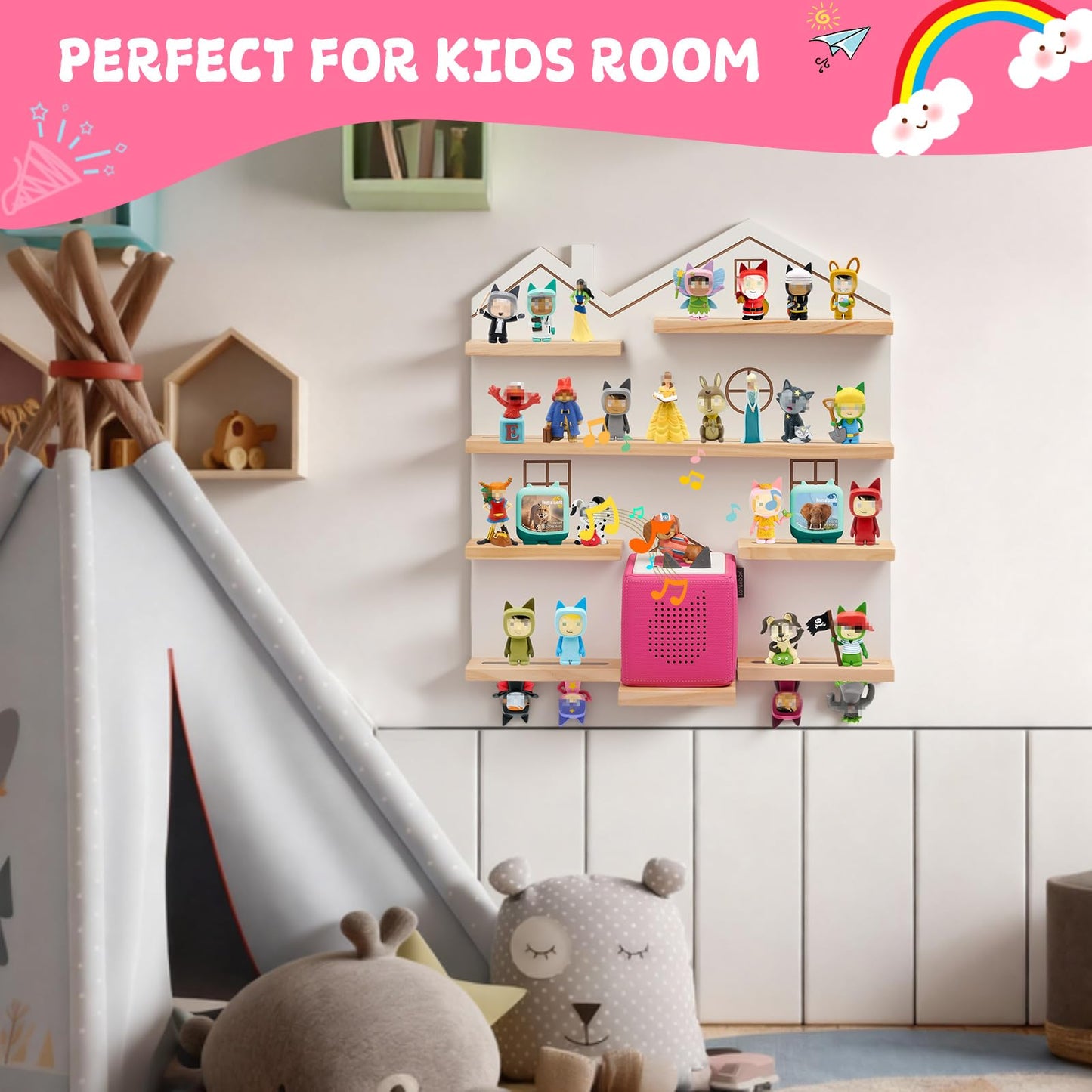 Gieanoo Large Tonie Shelf for Toniebox – Wall-Mmounted Pine Shelf for Toniebox 1 & 2 (White)