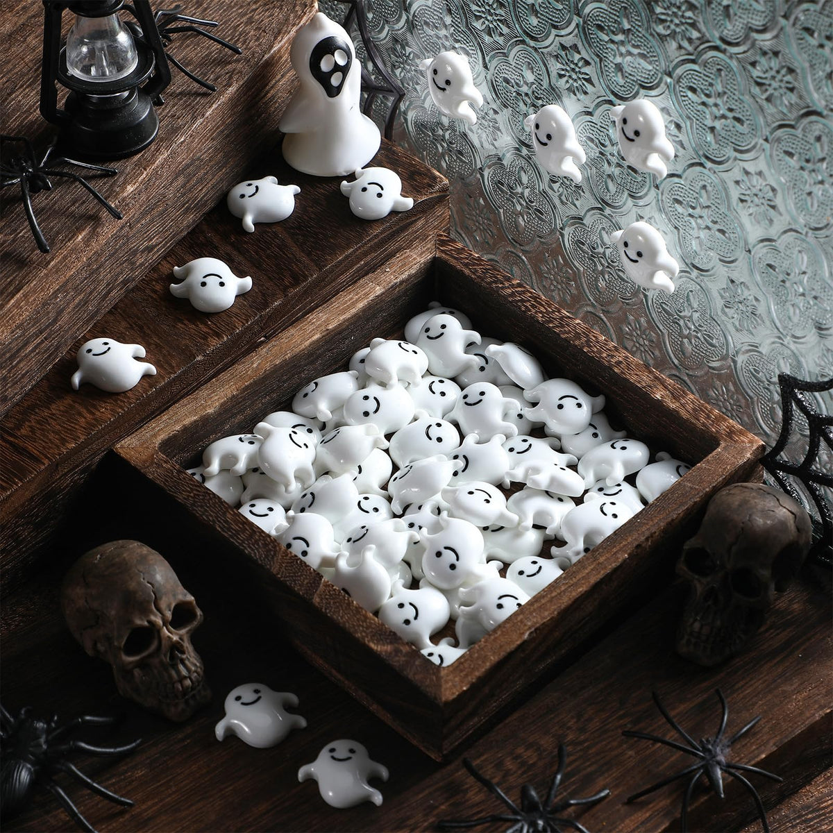 Giegxin 60 Pcs Halloween Mini Ghost Charms – Flatback Resin Decor for DIY Hair Clips, Party & Gift Ideas