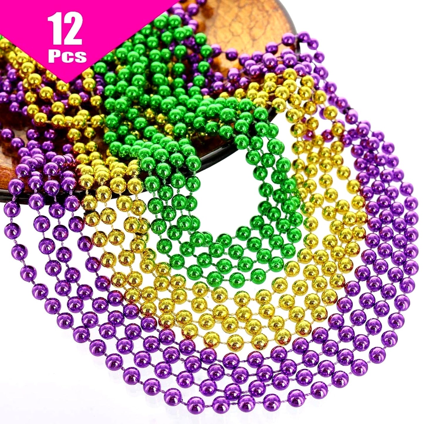 GiftExpress 33-inch Mardi Gras Beads Necklace Bundle – 12pcs, 3 Metallic Colors