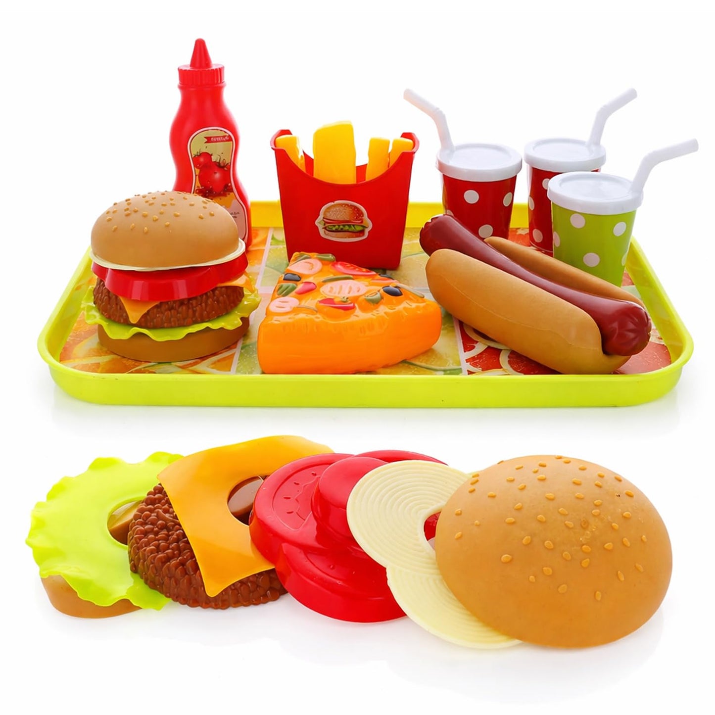 GiftExpress Happy Kids Meal Play Set – Hamburger & Hot Dog, Pizza, Fries, Coke & Tray