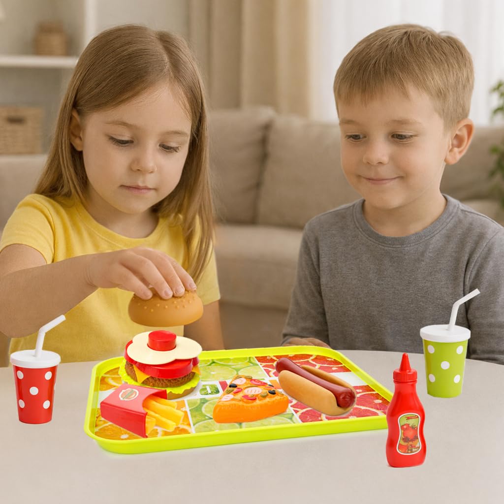 GiftExpress Happy Kids Meal Play Set – Hamburger & Hot Dog, Pizza, Fries, Coke & Tray