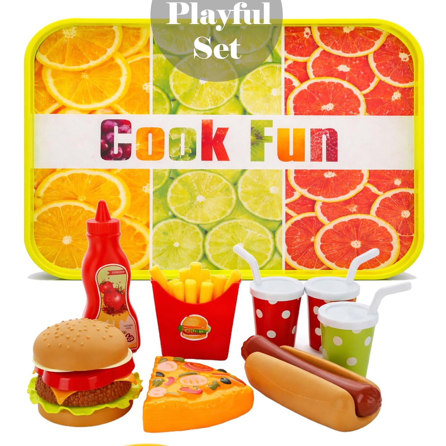GiftExpress Happy Kids Meal Play Set – Hamburger & Hot Dog, Pizza, Fries, Coke & Tray