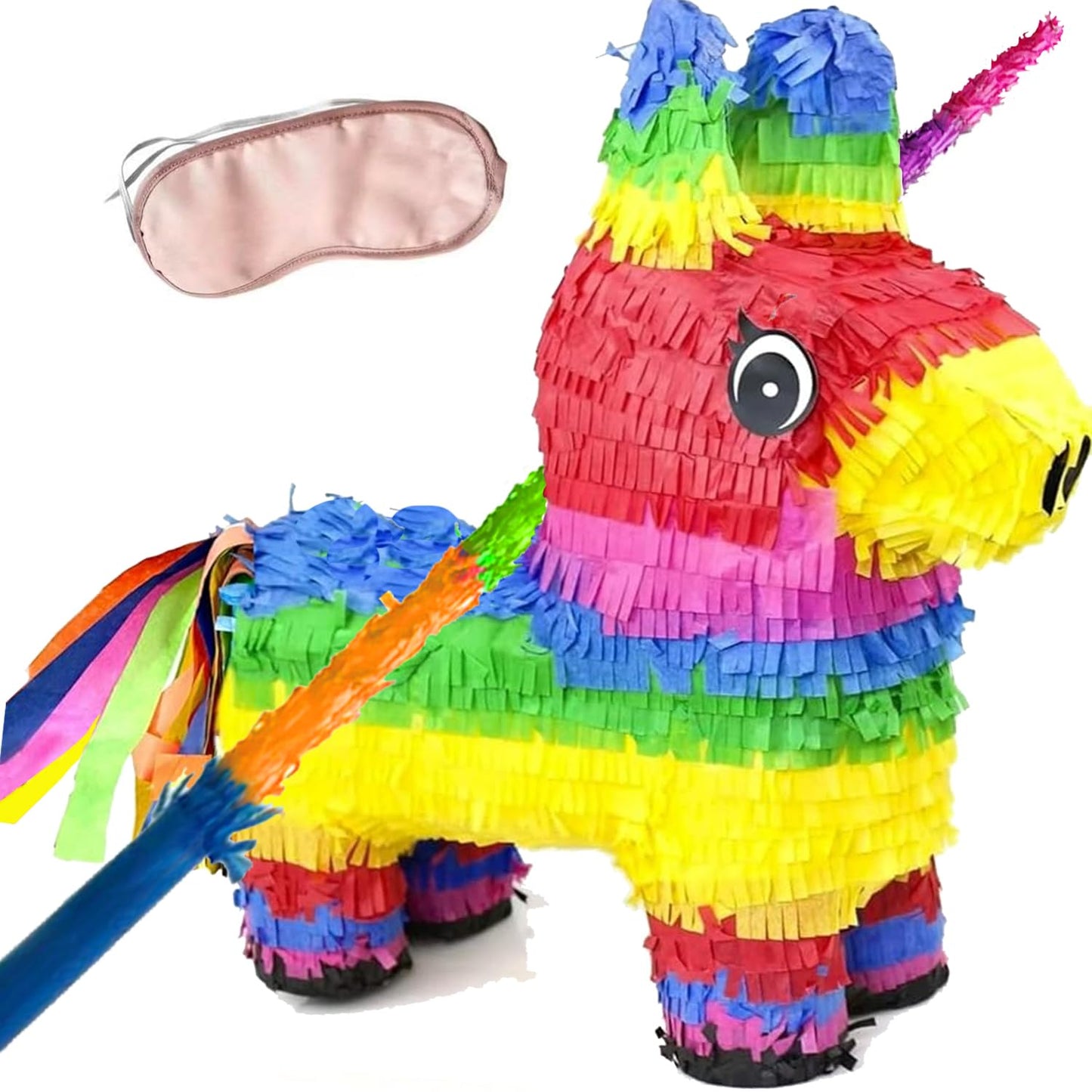 GiftExpress 16-inch Rainbow Donkey Piñata with 33-inch Stick & Blindfold – Mexican Party Decor