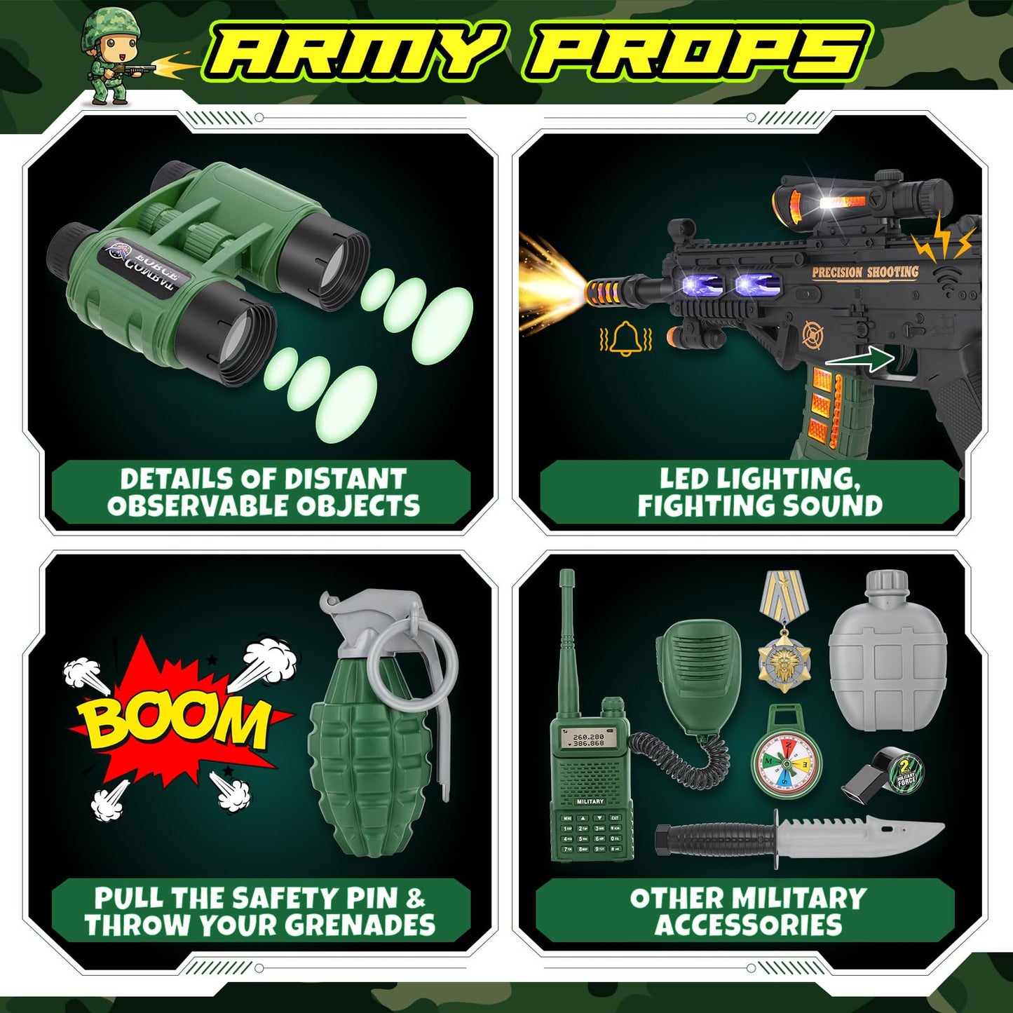 GIFTINBOX Kids Army Costume for Boys – Military Dress-Up Set with Army Toys