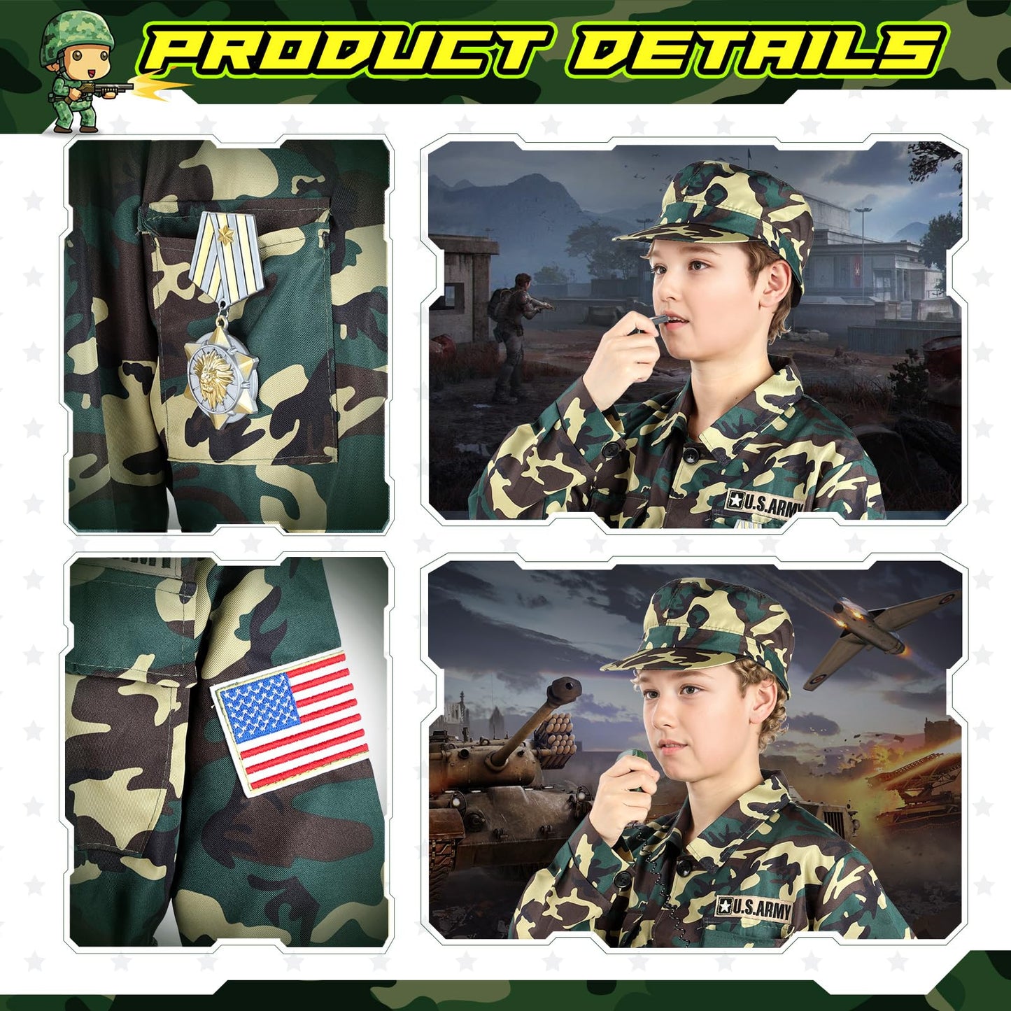 GIFTINBOX Kids Army Costume for Boys – Military Dress-Up Set with Army Toys