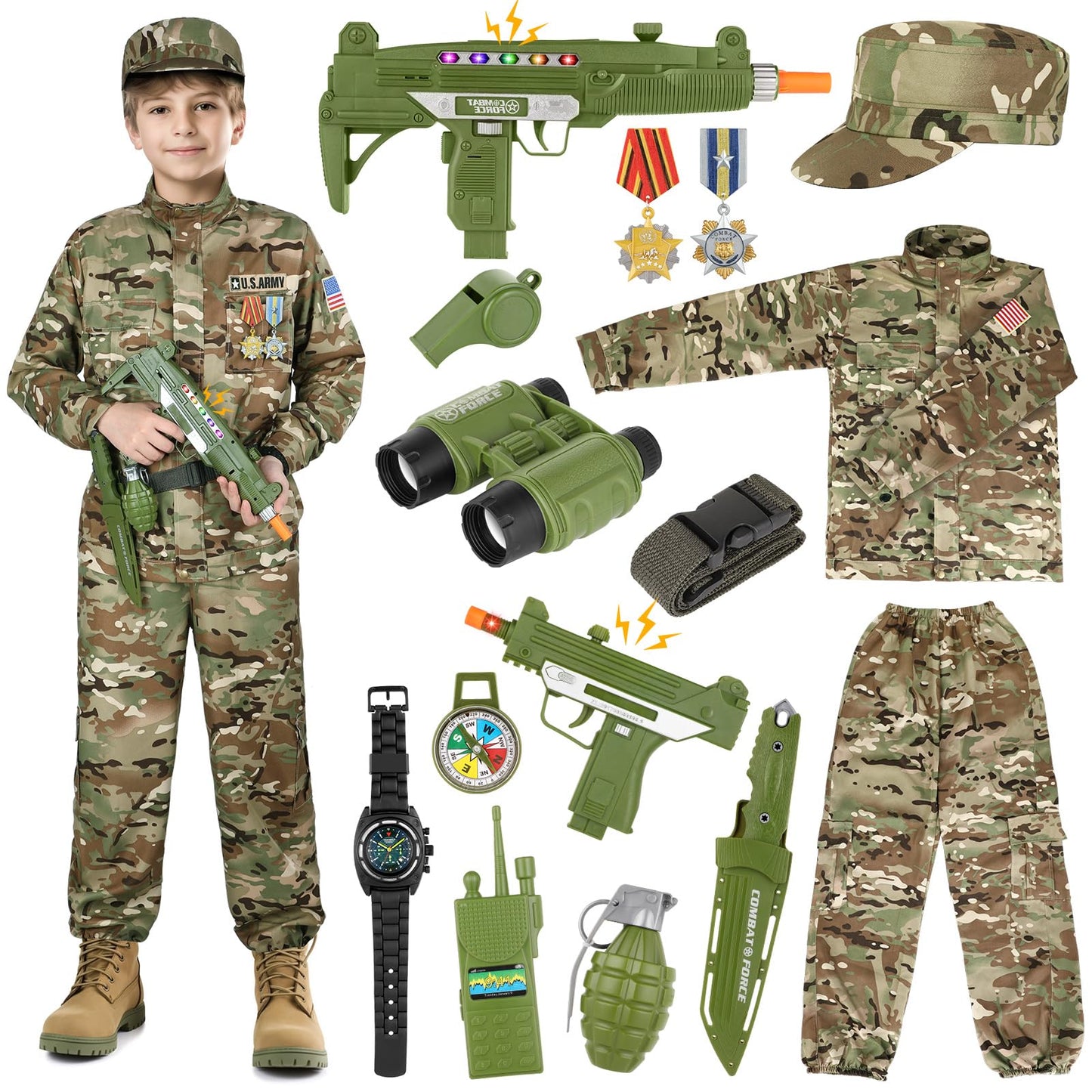 GIFTINBOX Army Costume for Kids — 15-Piece Soldier Dress-Up Set (3-13)