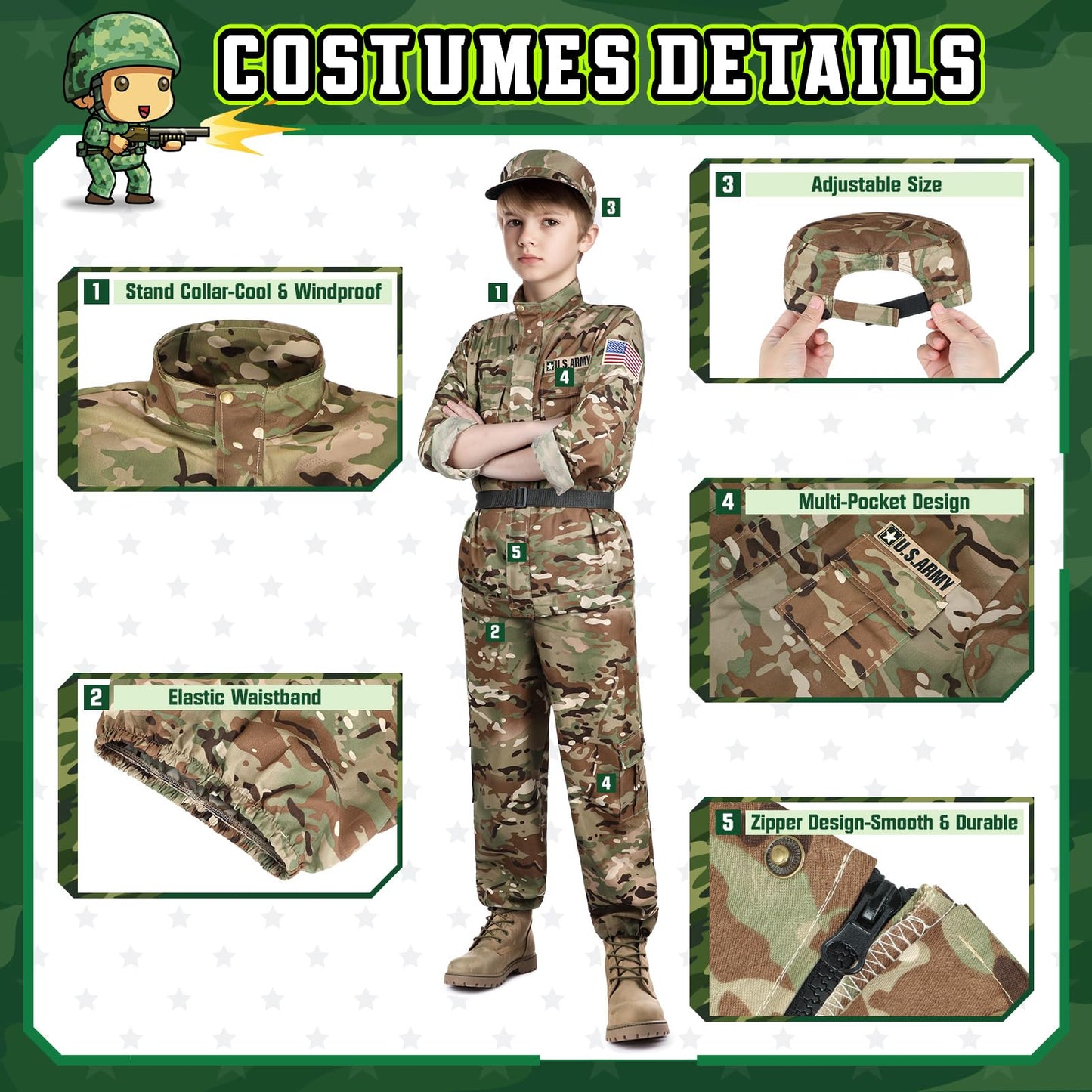 GIFTINBOX Army Costume for Kids — 15-Piece Soldier Dress-Up Set (3-13)