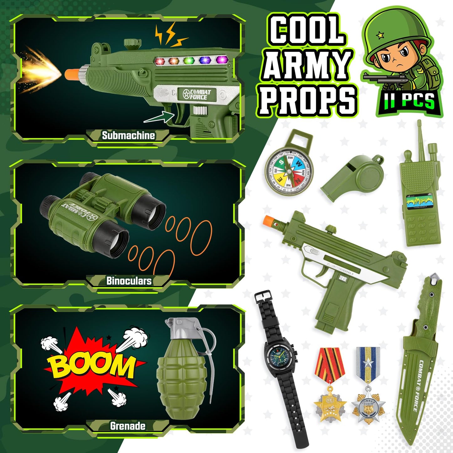GIFTINBOX Army Costume for Kids — 15-Piece Soldier Dress-Up Set (3-13)