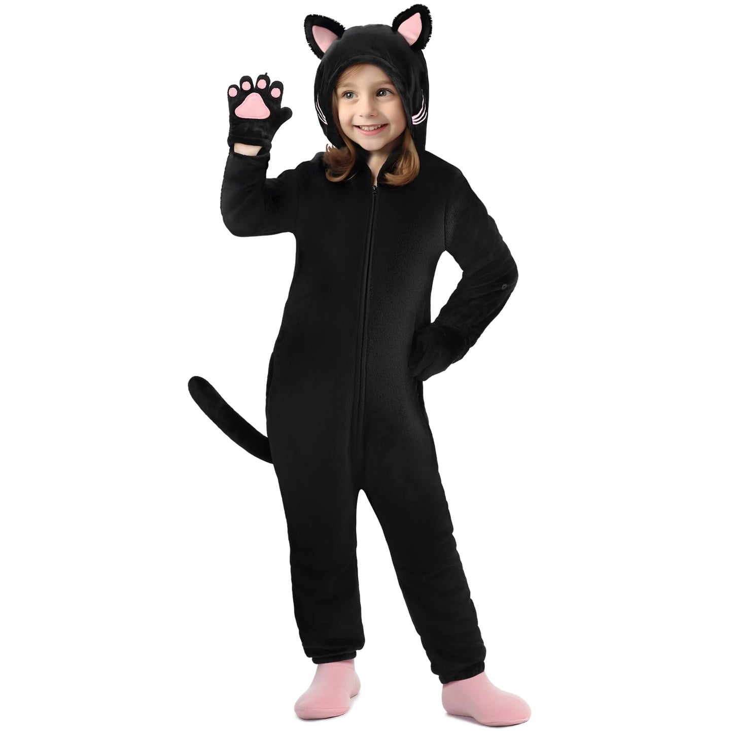 GIFTINBOX Cat Costume for Girls - Zip-Up Hooded Cat Onesie for Kids 5-11 | Halloween Dress-Up