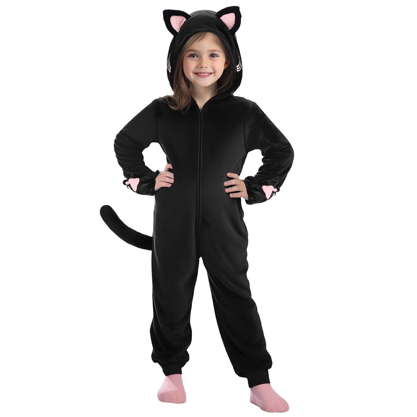 GIFTINBOX Cat Costume for Girls - Zip-Up Hooded Cat Onesie for Kids 5-11 | Halloween Dress-Up