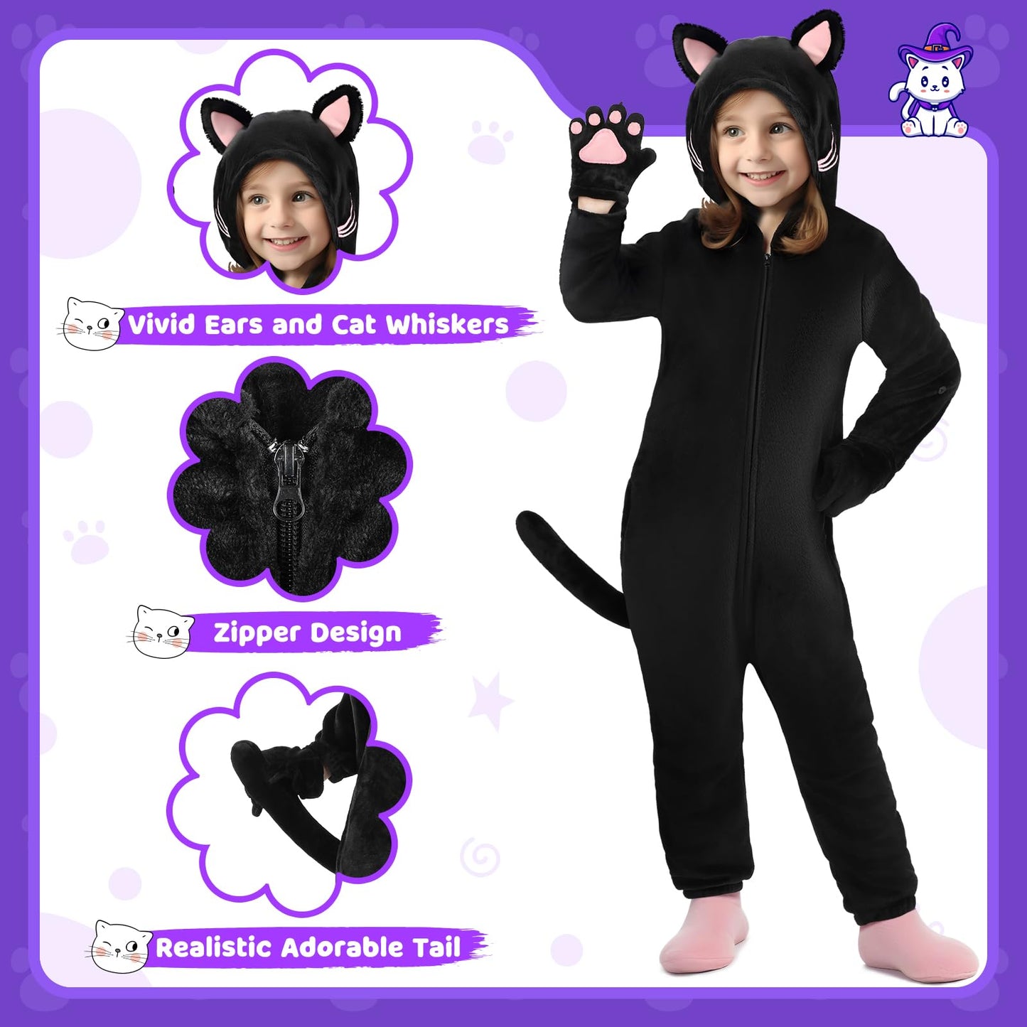 GIFTINBOX Cat Costume for Girls - Zip-Up Hooded Cat Onesie for Kids 5-11 | Halloween Dress-Up