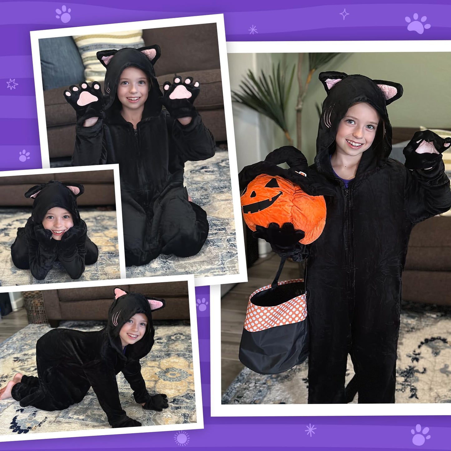 GIFTINBOX Cat Costume for Girls - Zip-Up Hooded Cat Onesie for Kids 5-11 | Halloween Dress-Up
