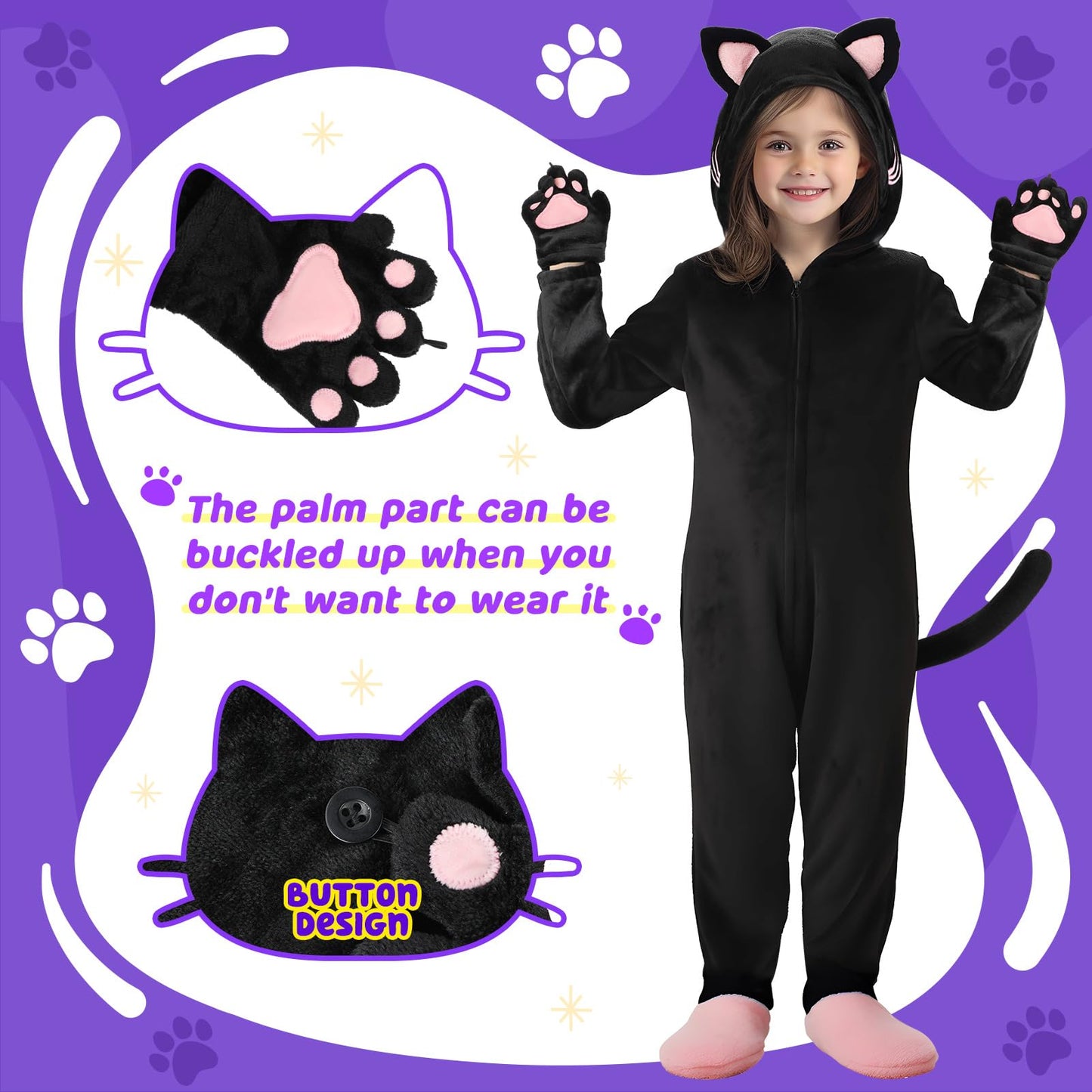 GIFTINBOX Cat Costume for Girls - Hooded Black Cat Onesie for Kids | Halloween Dress-Up