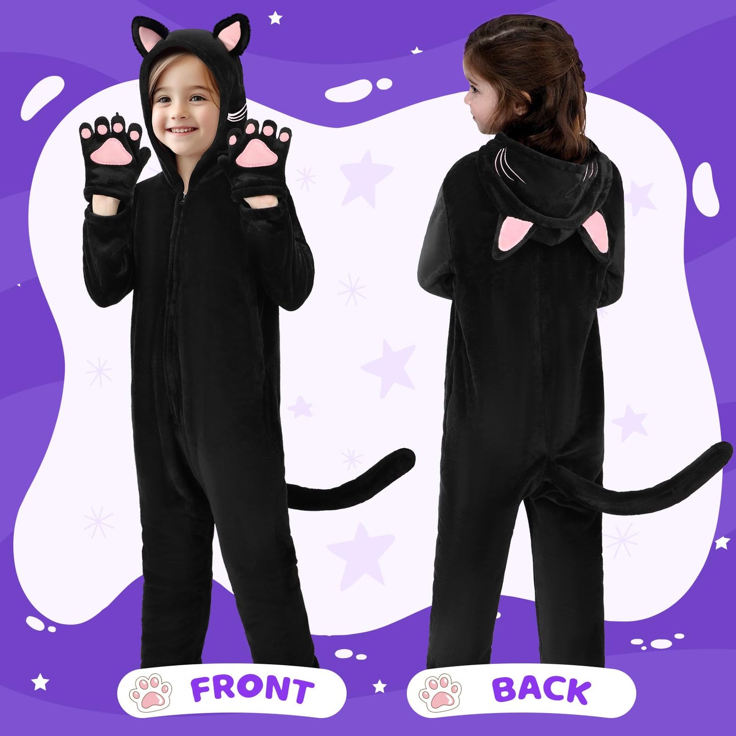 GIFTINBOX Cat Costume for Girls - Zip-Up Hooded Cat Onesie for Kids 5-11 | Halloween Dress-Up