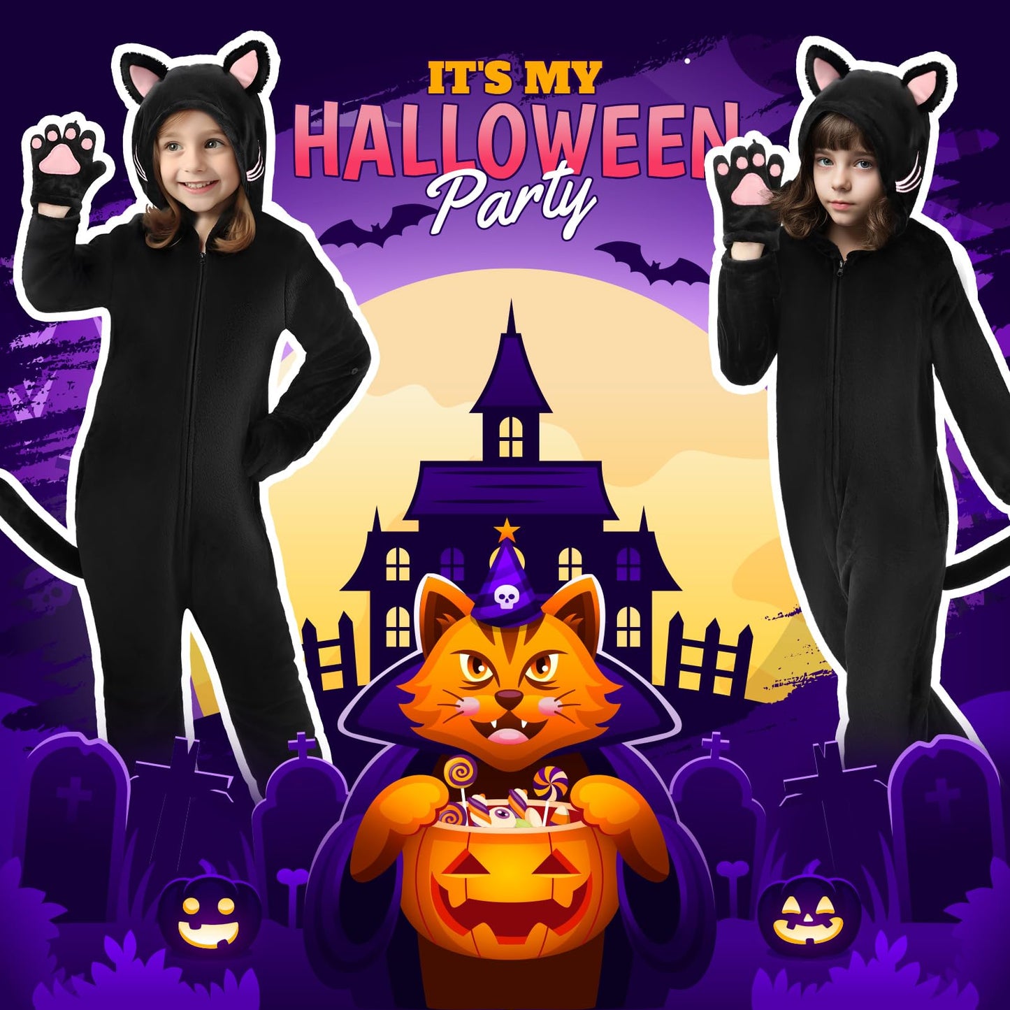 GIFTINBOX Cat Costume for Girls - Zip-Up Hooded Cat Onesie for Kids 5-11 | Halloween Dress-Up