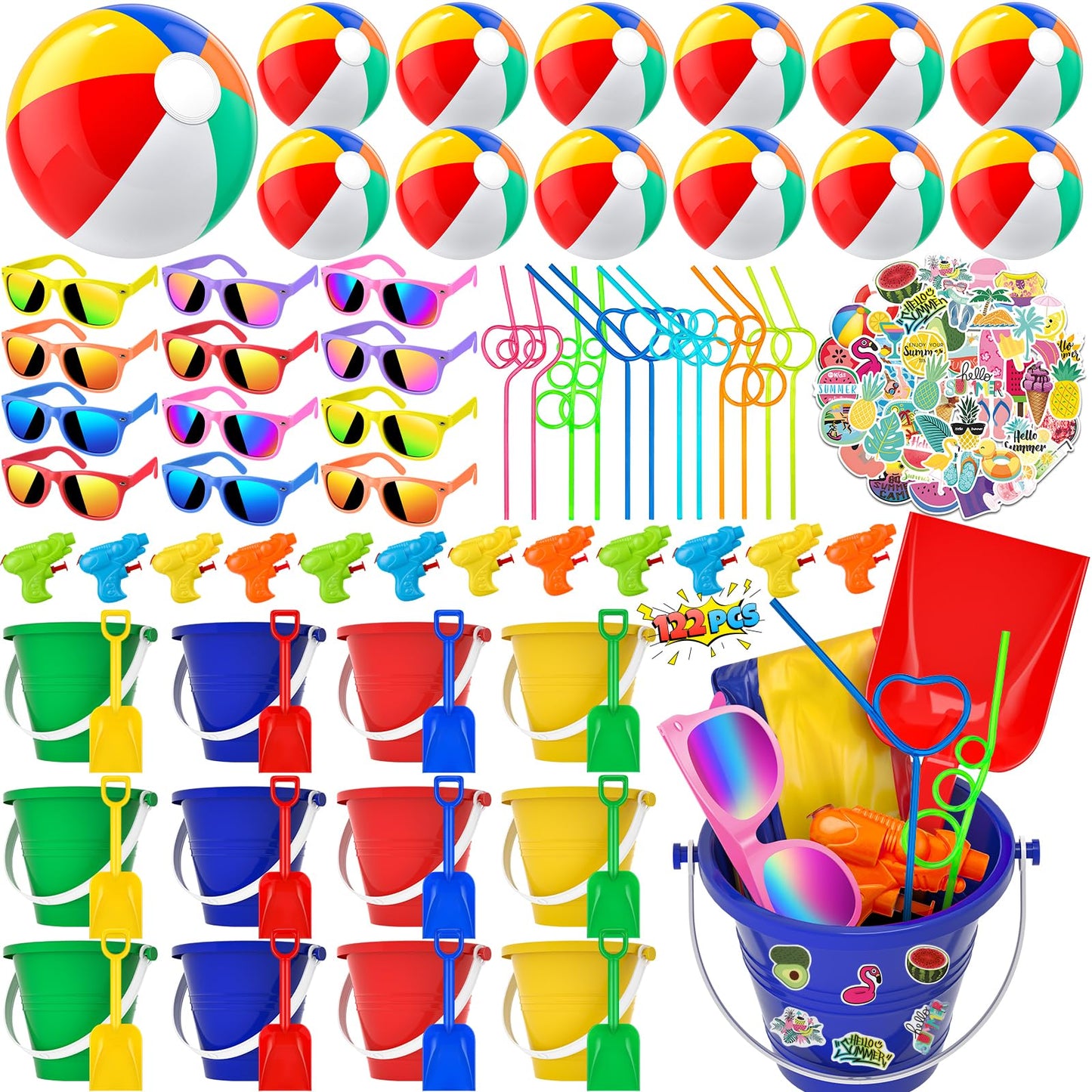 GIFTINBOX 122Pcs Pool Beach Summer Party Favors for Kids 4–8 | Beach Balls, Buckets & Accessories