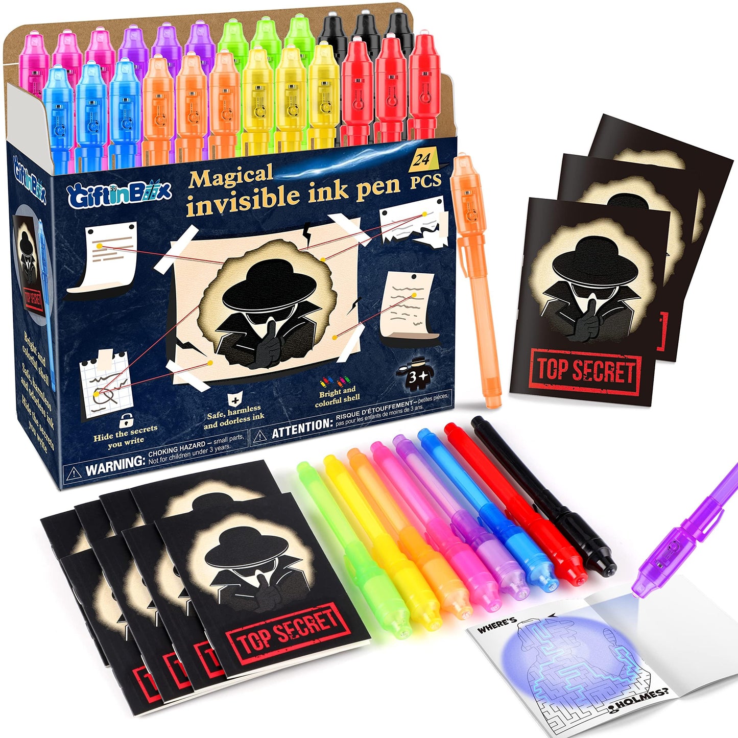 GIFTINBOX Invisible Ink Pens with UV Light — 24-Pack Spy Pen & Notebook Set for Kids 8-12