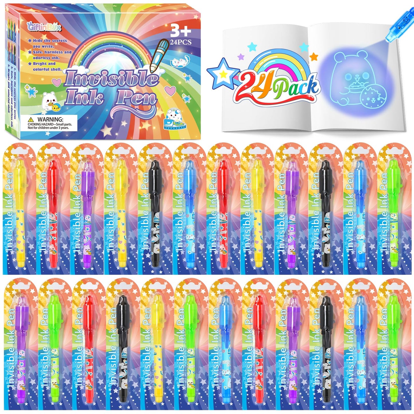 GIFTINBOX Invisible Ink Pen Set – 24 Spy Pens with UV Light for Kids