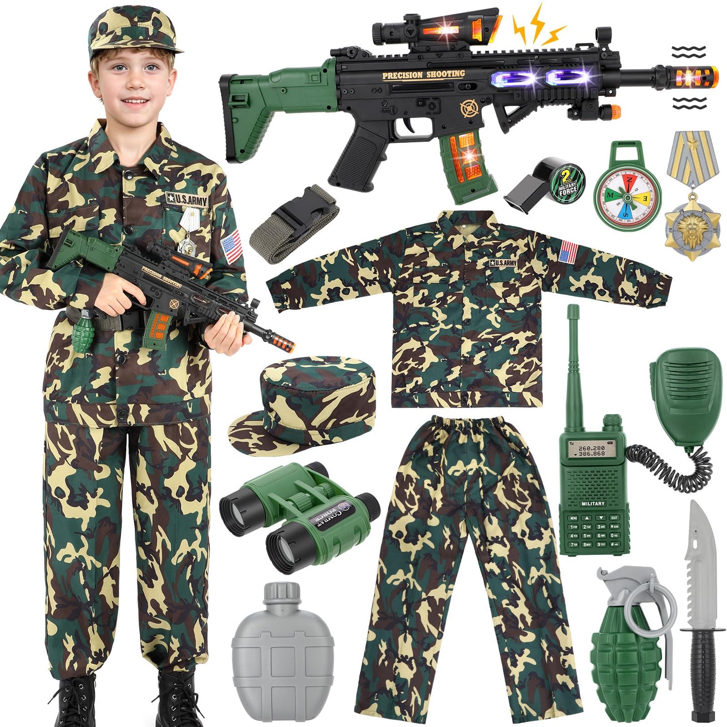 GIFTINBOX Kids Army Costume for Boys 8-10 — Dress Up with Army Toys & Sound & Light