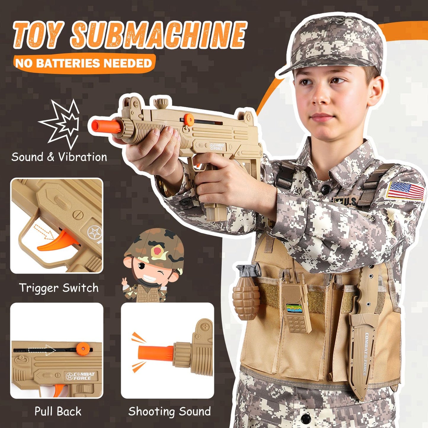Giftinbox Kids Army Costume for Boys – Deluxe 5-Piece Set with Vest & Army Toys