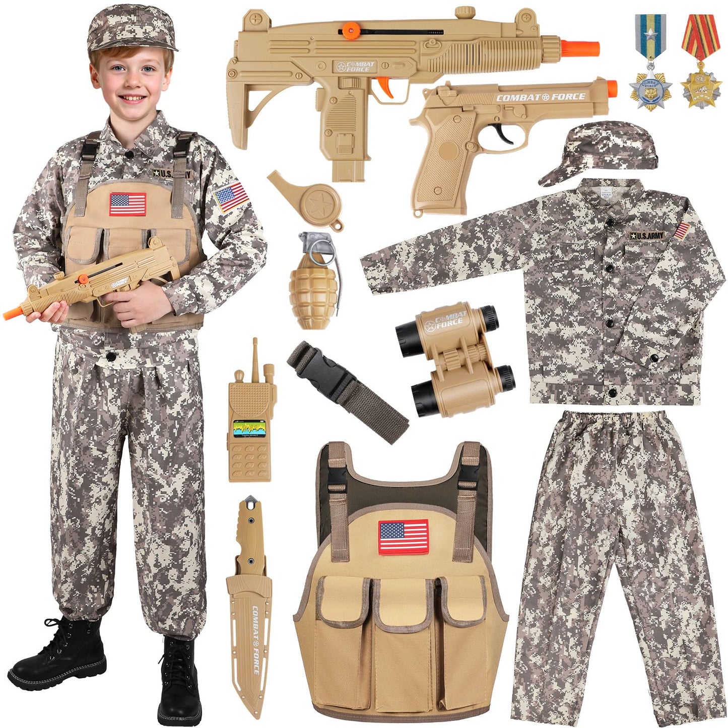Giftinbox Kids Army Costume for Boys – Deluxe 5-Piece Set with Vest & Army Toys
