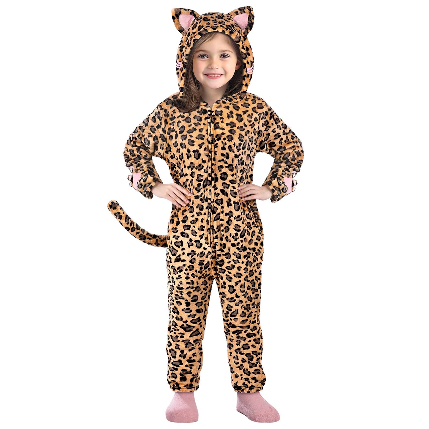 GIFTINBOX Leopard Costume for Kids - Zip-Up Hooded Leopard Onesie for Girls | Halloween Dress Up