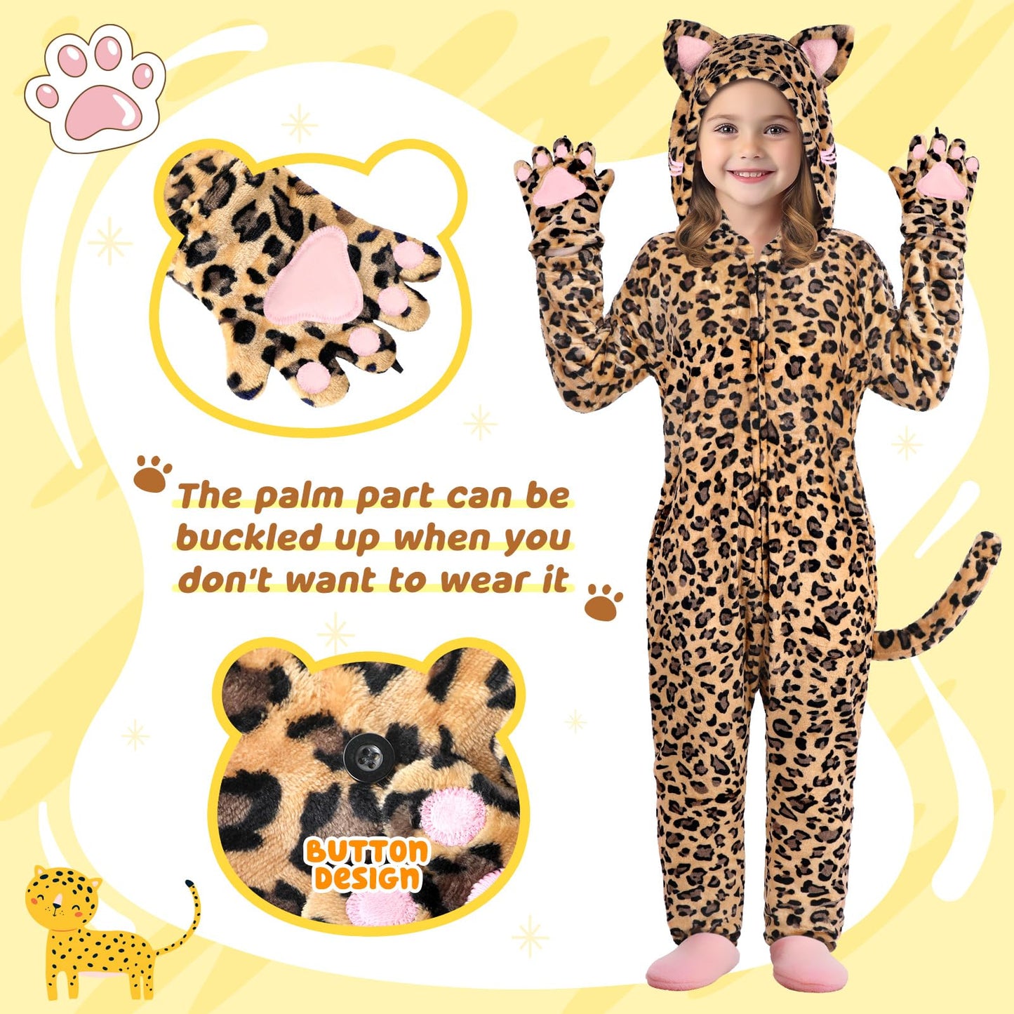 GIFTINBOX Leopard Costume for Kids - Zip-Up Hooded Leopard Onesie for Girls | Halloween Dress Up