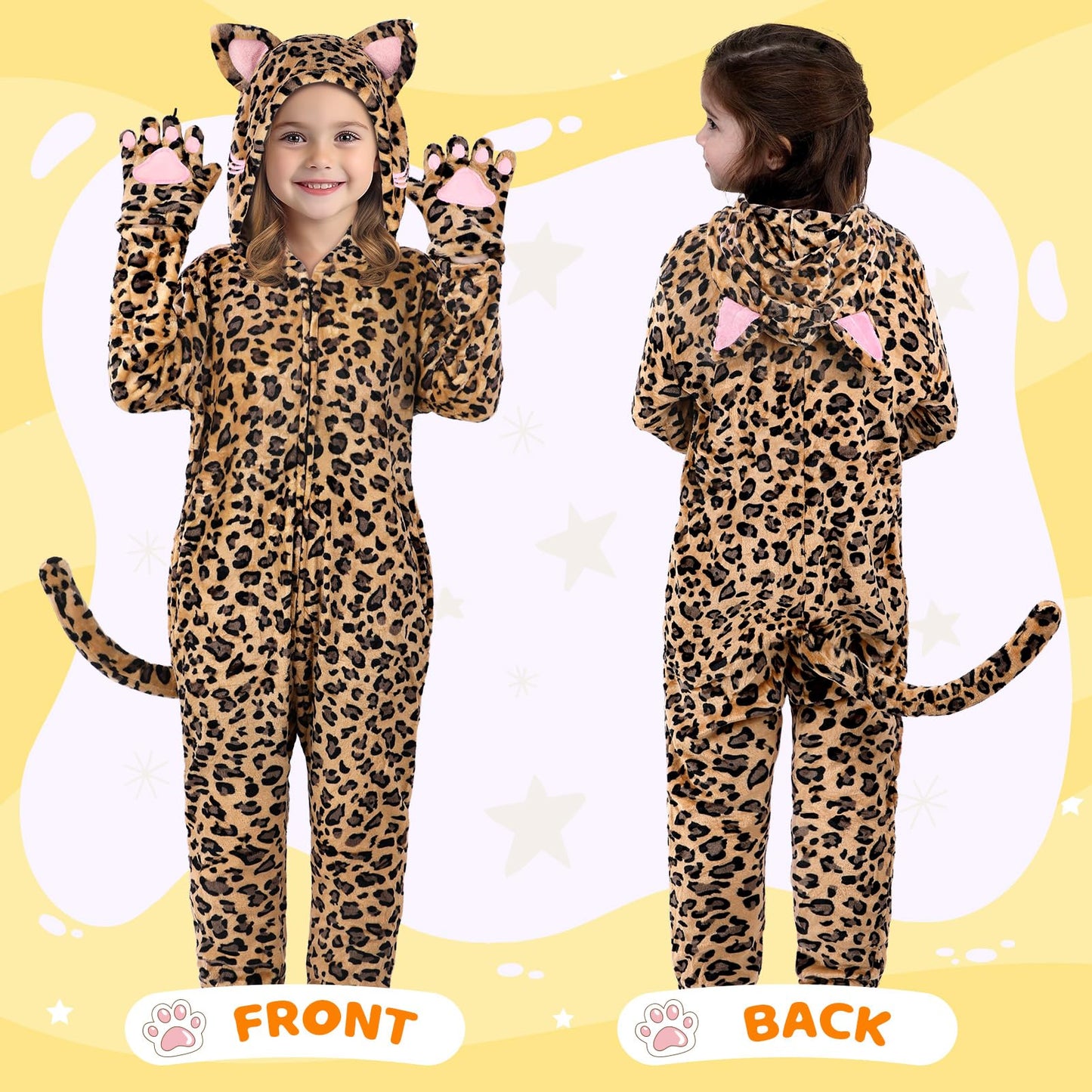 GIFTINBOX Leopard Costume for Kids - Zip-Up Hooded Leopard Onesie for Girls | Halloween Dress Up