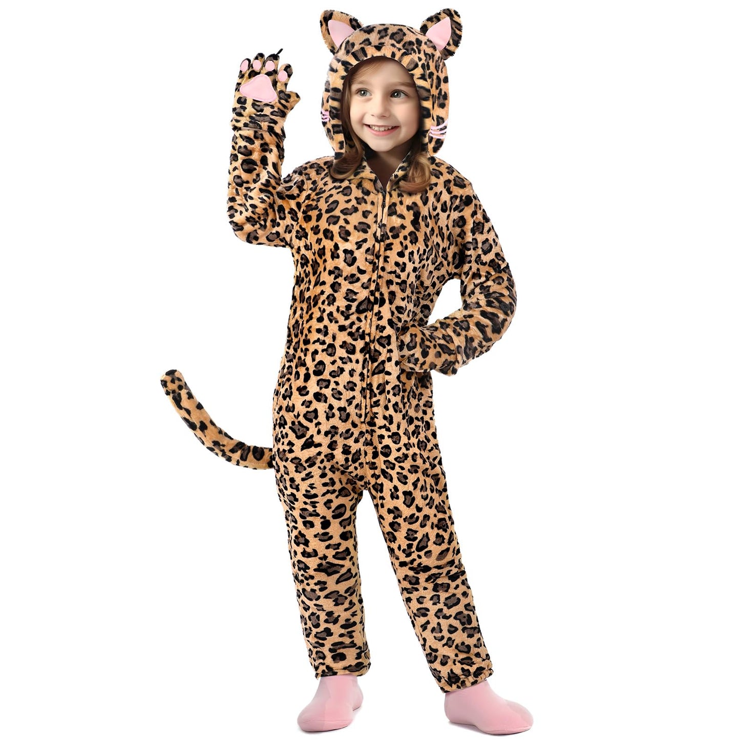 GIFTINBOX Leopard Costume for Kids - Zip-Up Hooded Leopard Onesie for Girls | Halloween Dress Up