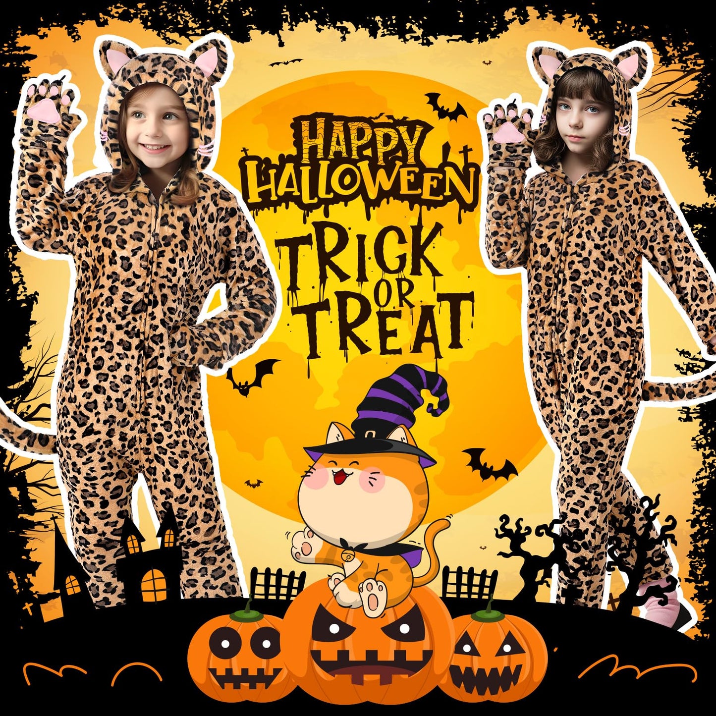 GIFTINBOX Leopard Costume for Kids - Zip-Up Hooded Leopard Onesie for Girls | Halloween Dress Up