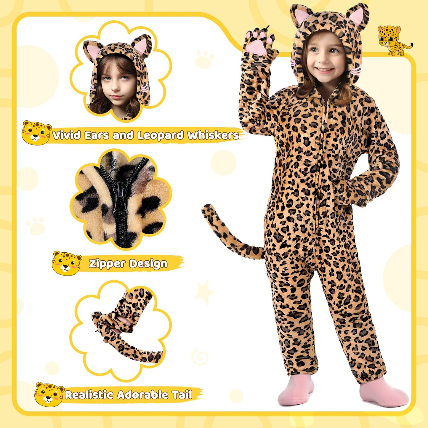GIFTINBOX Leopard Costume for Kids - Zip-Up Hooded Leopard Onesie for Girls | Halloween Dress Up