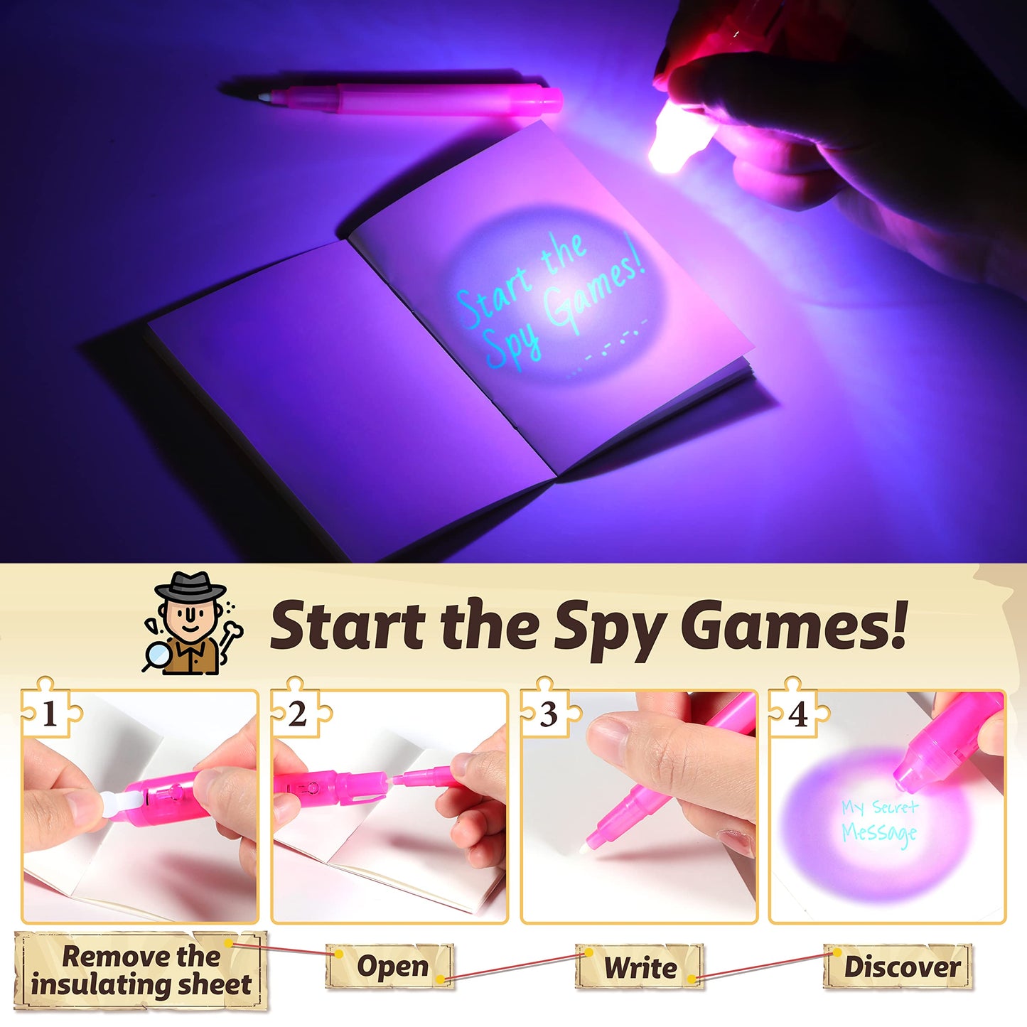 GIFTINBOX Invisible Ink Pens with UV Light — 24-Pack Spy Pen & Notebook Set for Kids 8-12